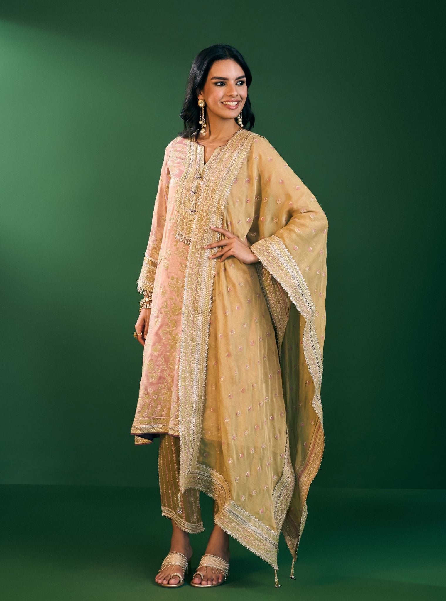 Aini Tissue Pink Kurta Set