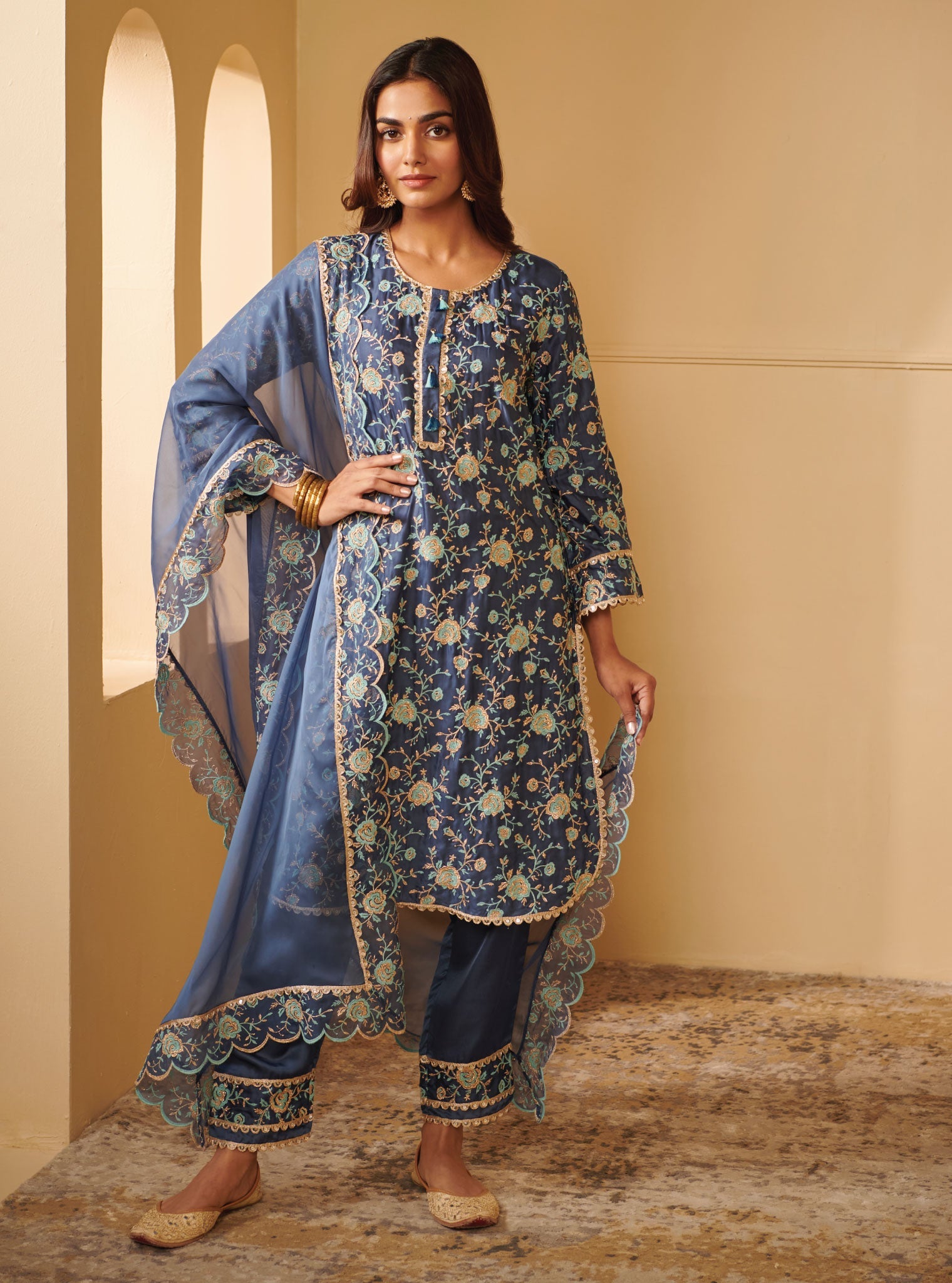 Mulmul Cupro Apti Blue Kurta