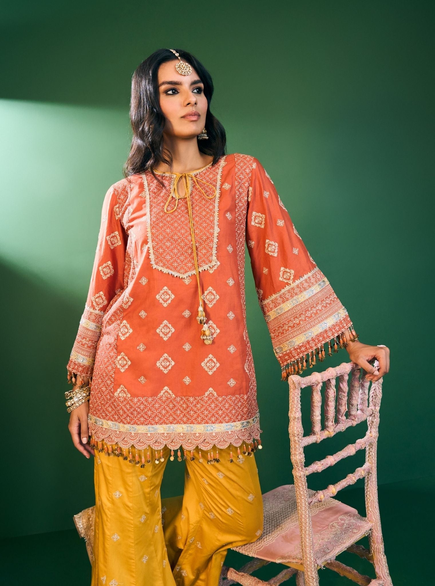 Hira Pima Satin Orange Kurta Set