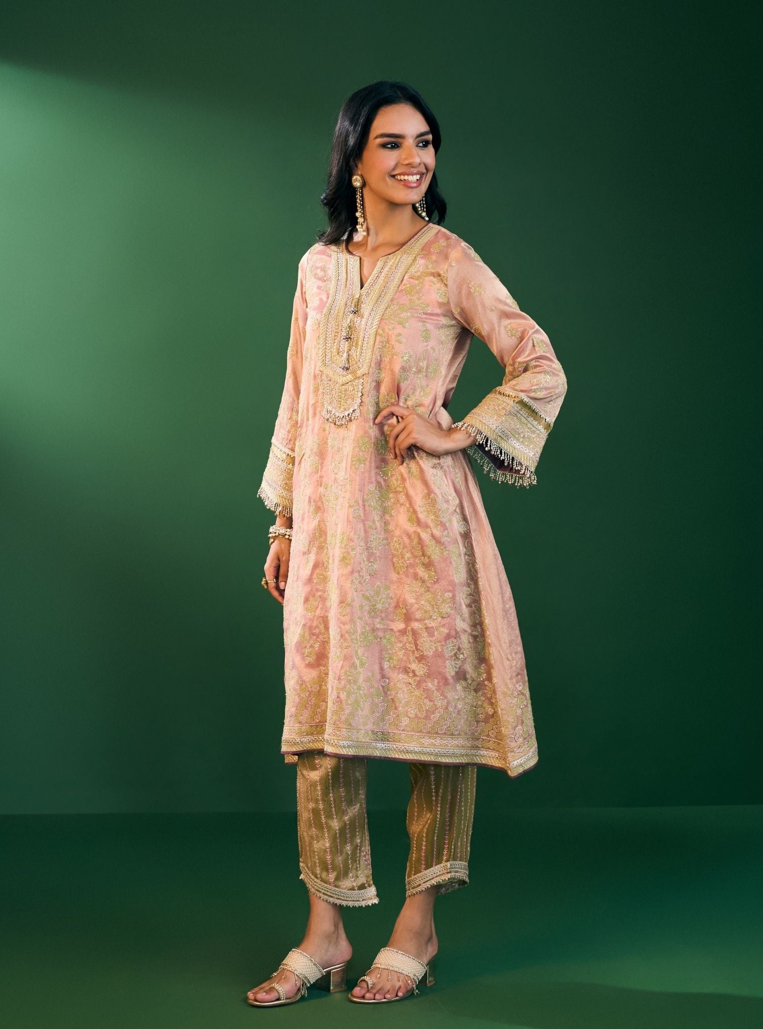 Aini Tissue Pink Kurta Set