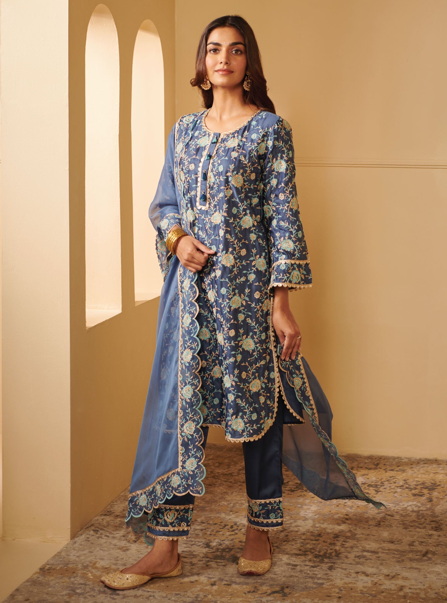 Mulmul Cupro Apti Blue Kurta