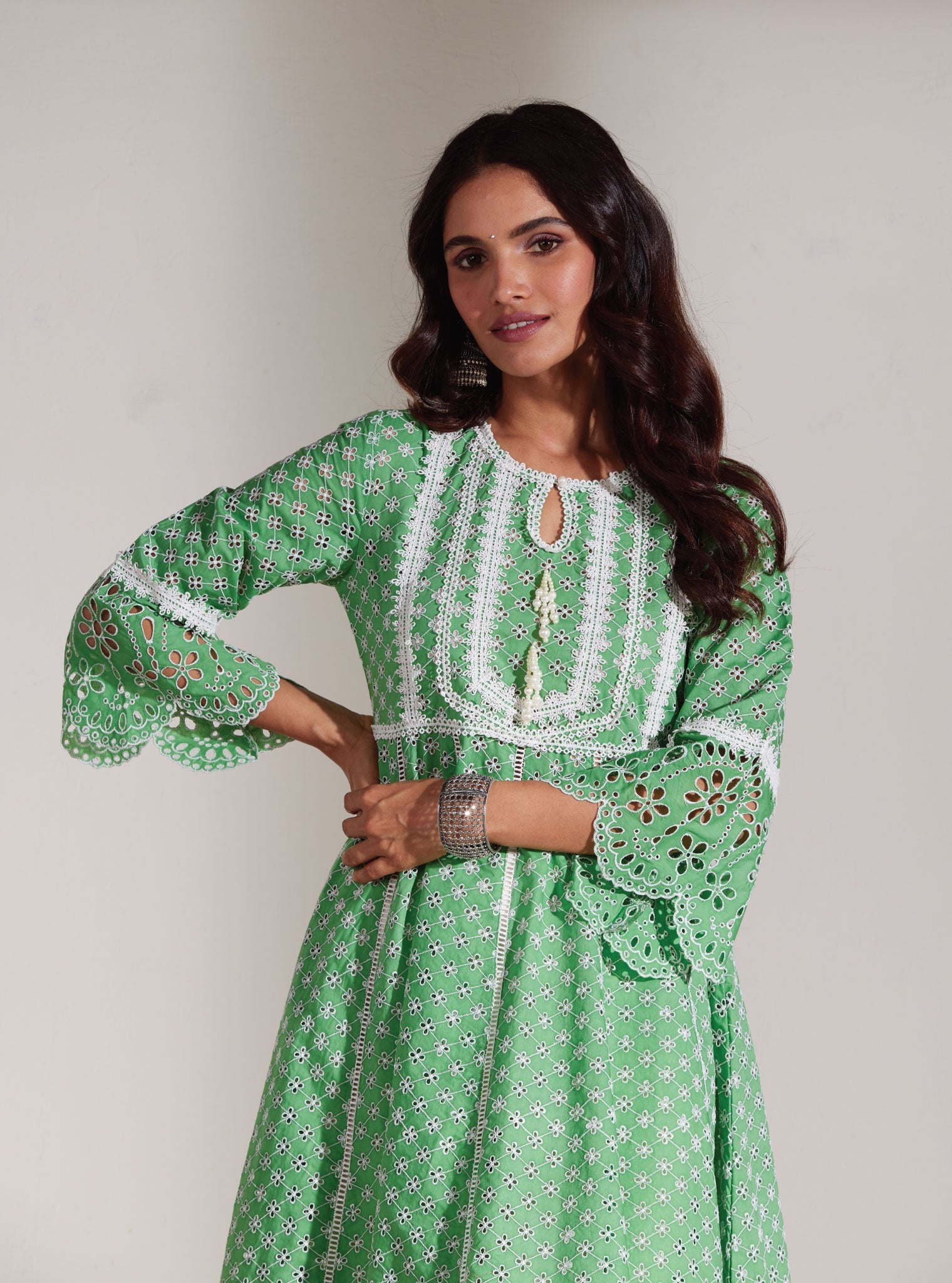 Mulmul Supima Cotton Arris Green Anarkali Kurta