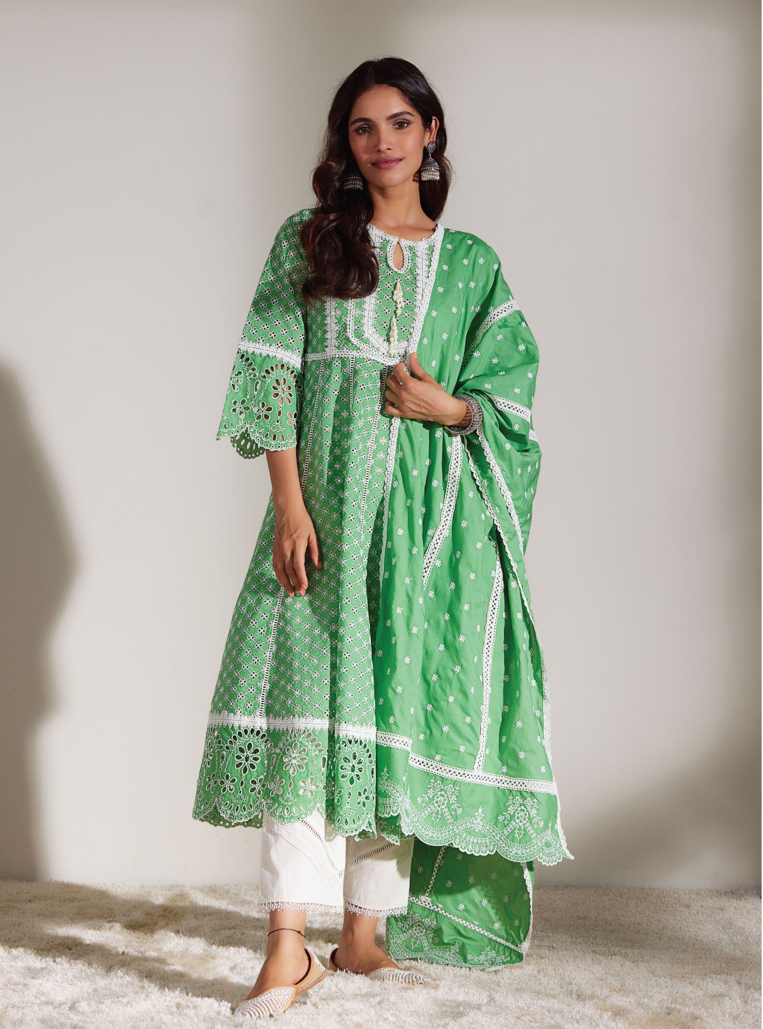 Mulmul Supima Cotton Arris Green Anarkali Kurta
