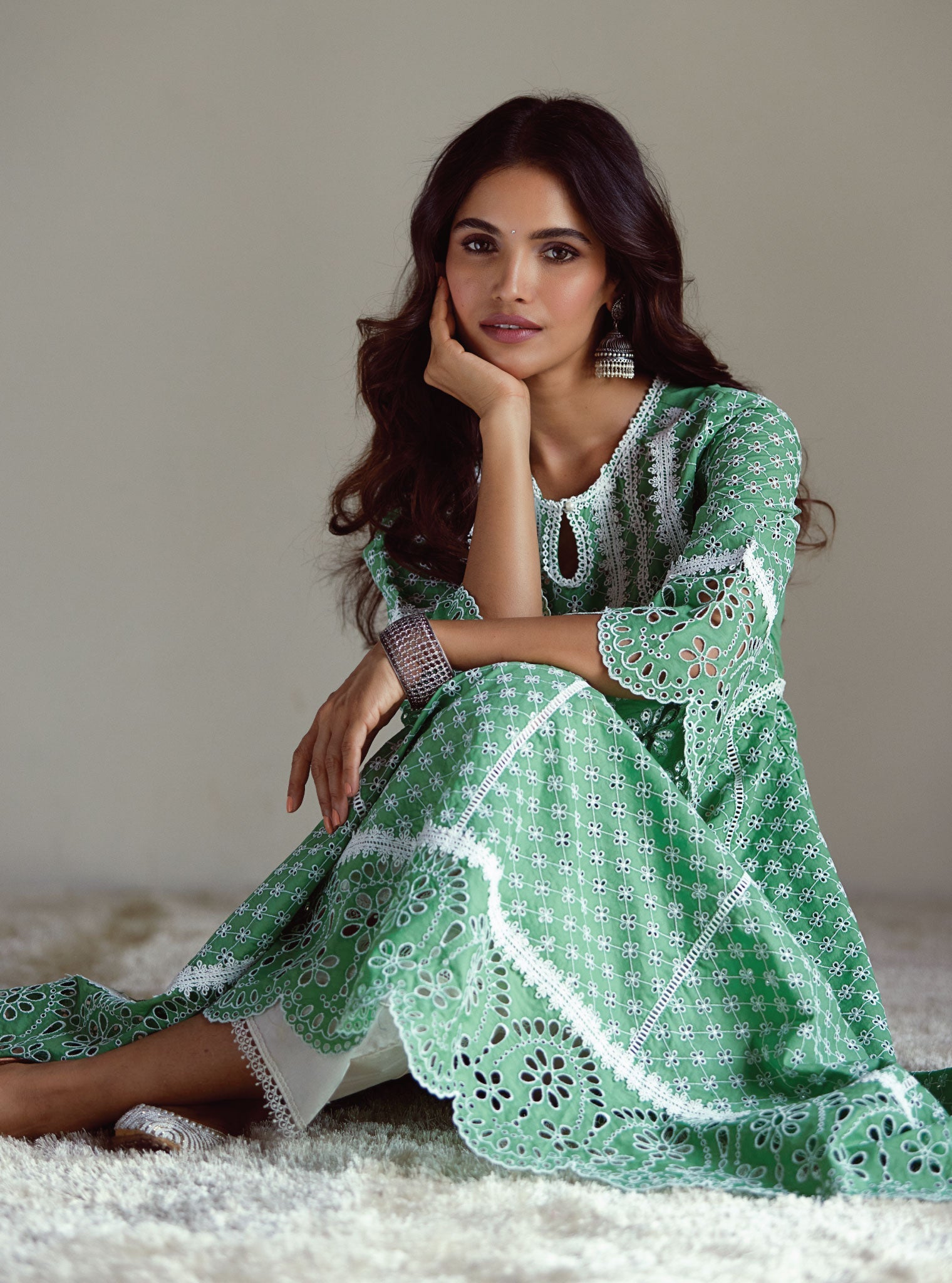 Mulmul Supima Cotton Arris Green Anarkali Kurta