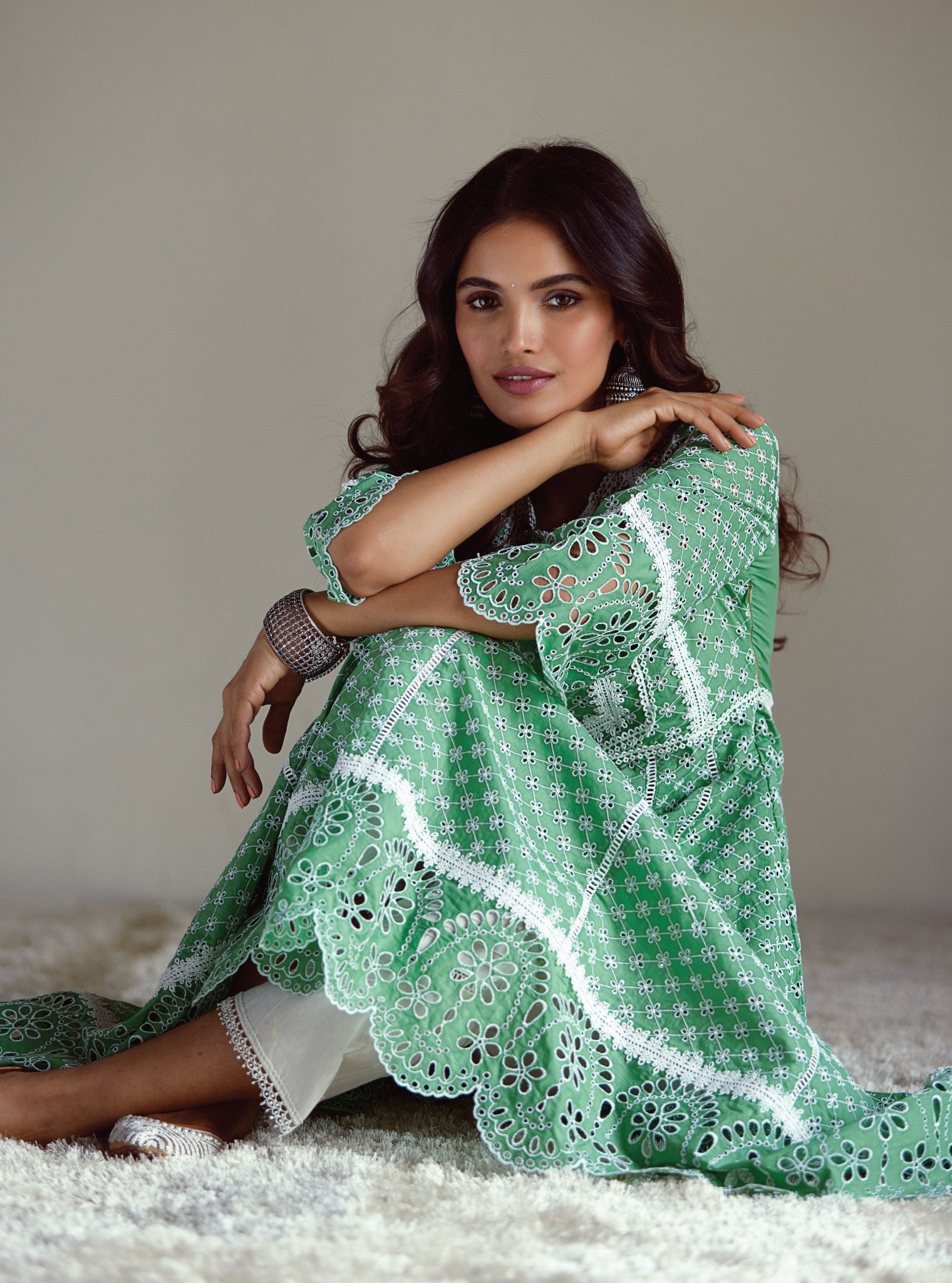 Mulmul Supima Cotton Arris Green Anarkali Kurta