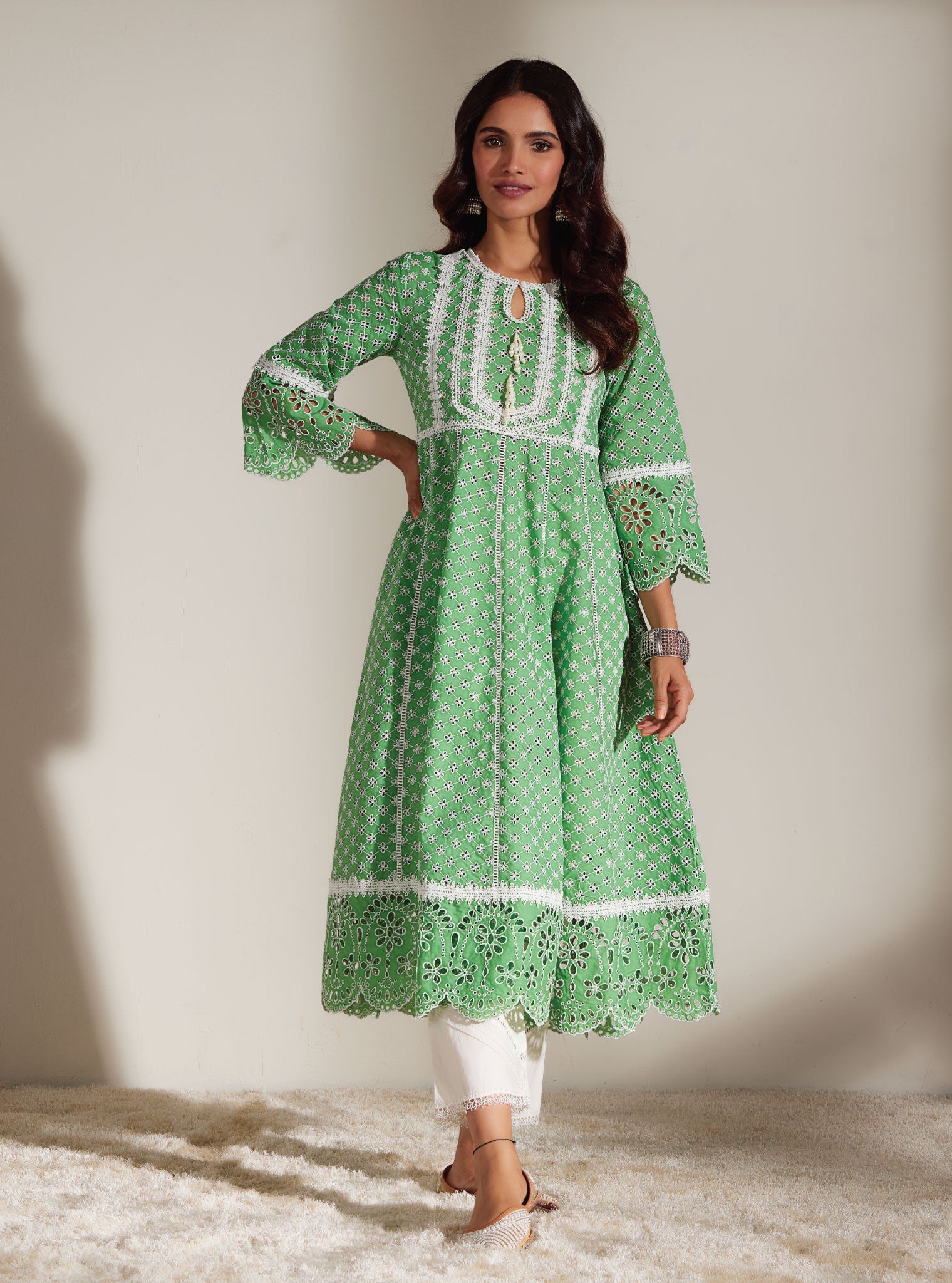 Mulmul Supima Cotton Arris Green Anarkali Kurta