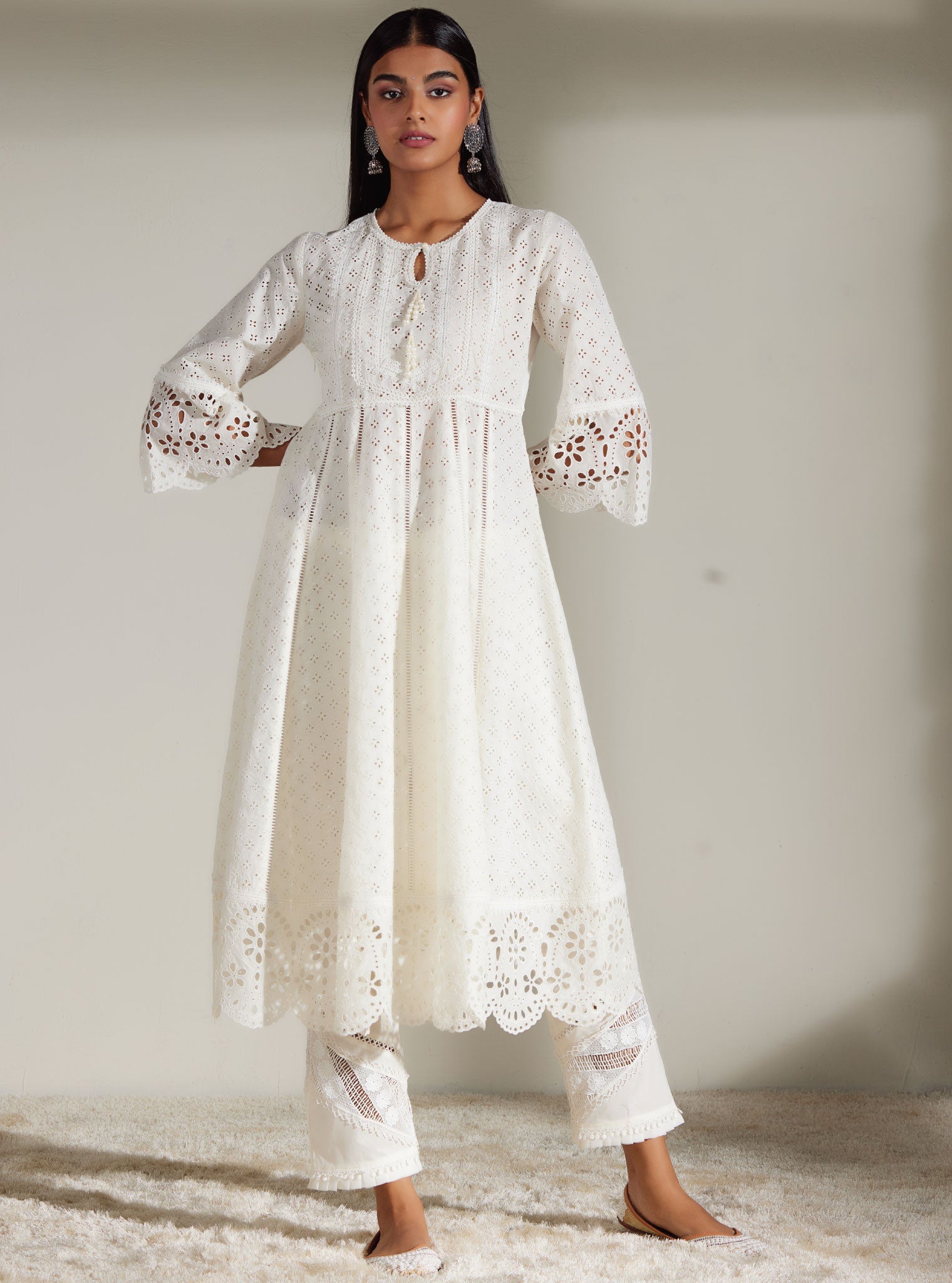 Mulmul Supima Cotton Arris White Anarkali Kurta