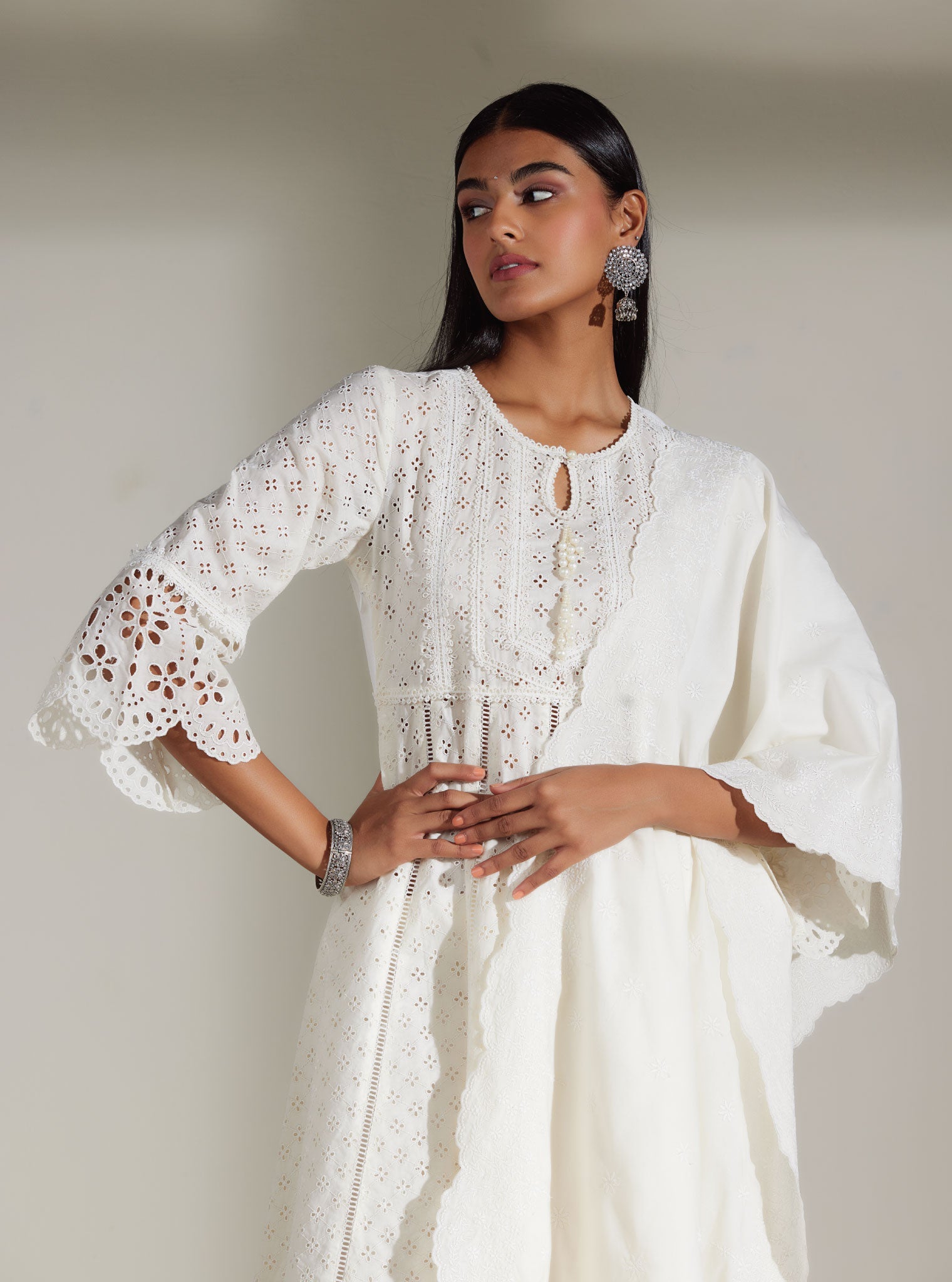 Mulmul Supima Cotton Arris White Anarkali Kurta