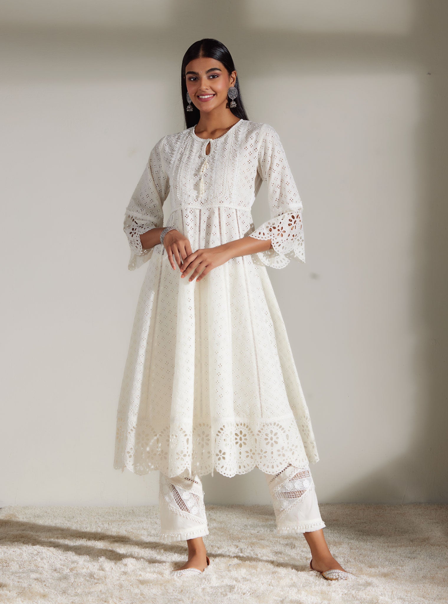 Mulmul Supima Cotton Arris White Anarkali Kurta