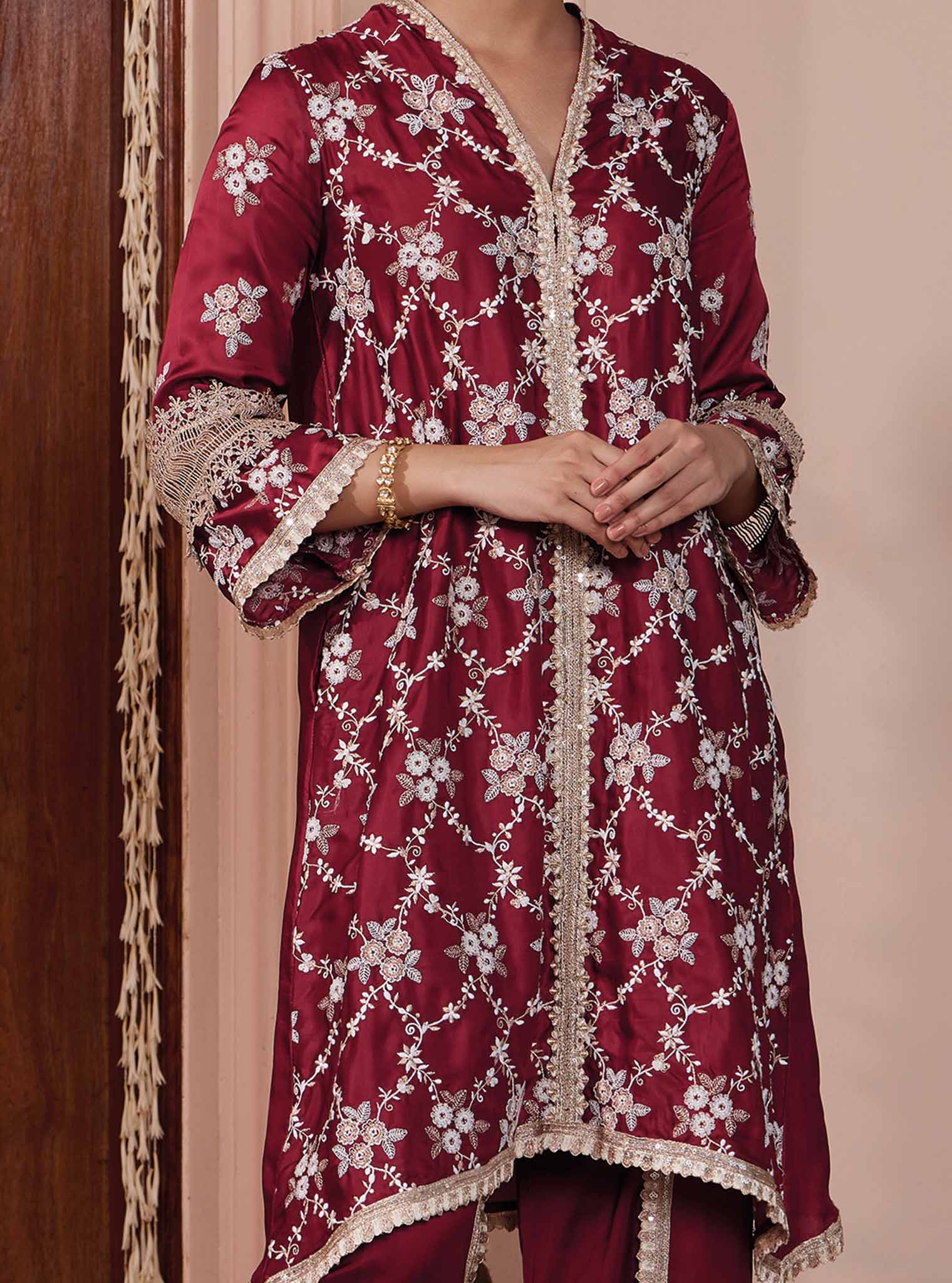 Mulmul Cupro Dvija Wine Kurta with Mulmul Cupro Dvija Wine Pant