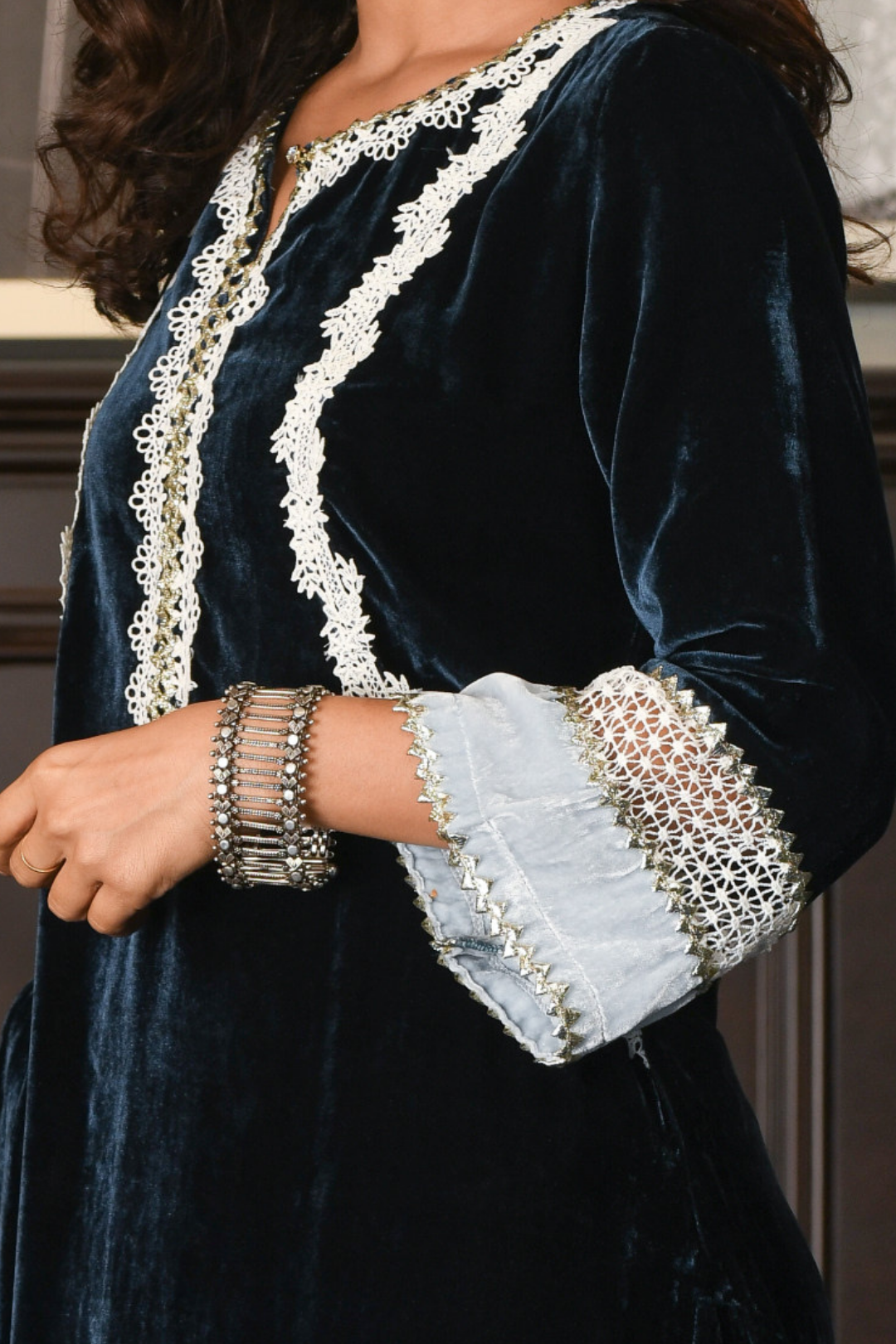 Makhmal Birch Kurta with Olive Navy Pyajama