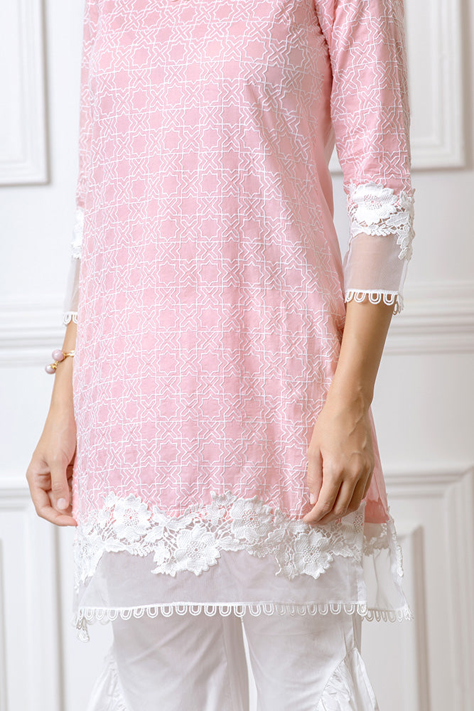 Mulmul Clover Pink Kurta With Hazel Bellbottoms