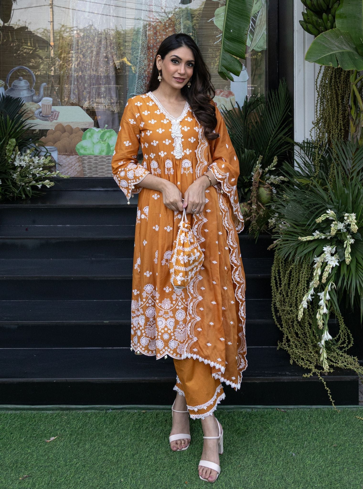 Nilan Supima Cotton Orange Anarkali Kurta Set