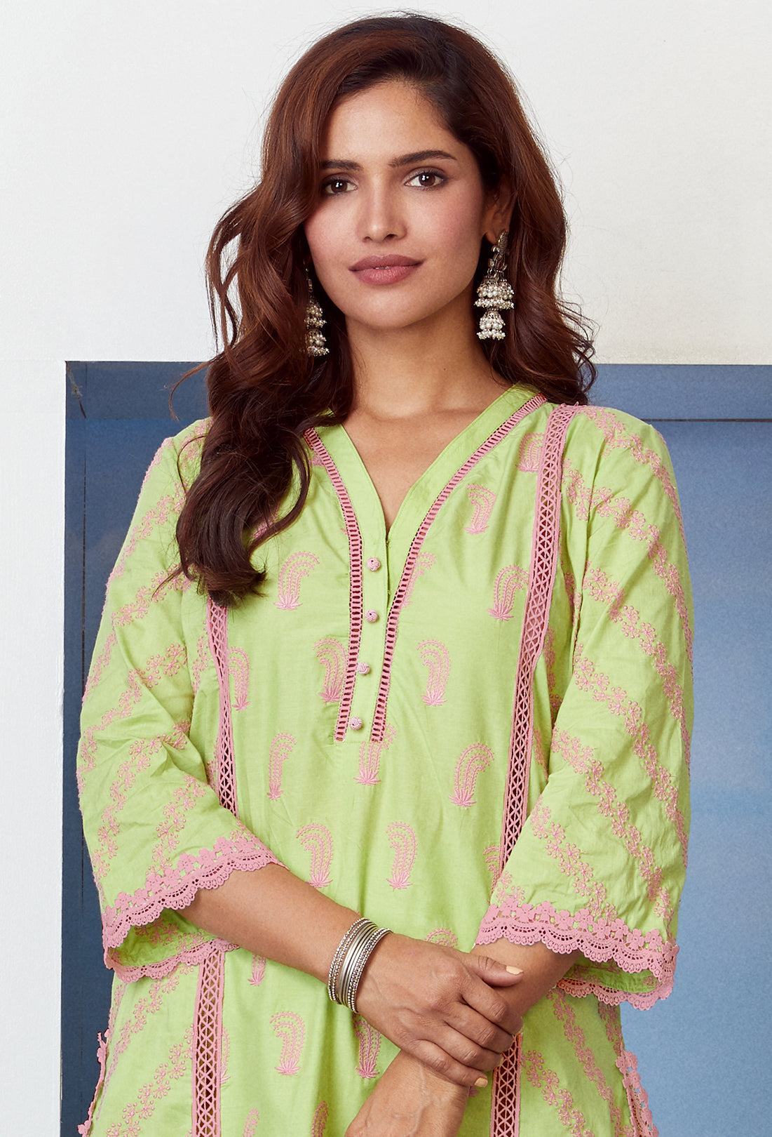 Mulmul Supima Cotton Rhinestone Green Kurta