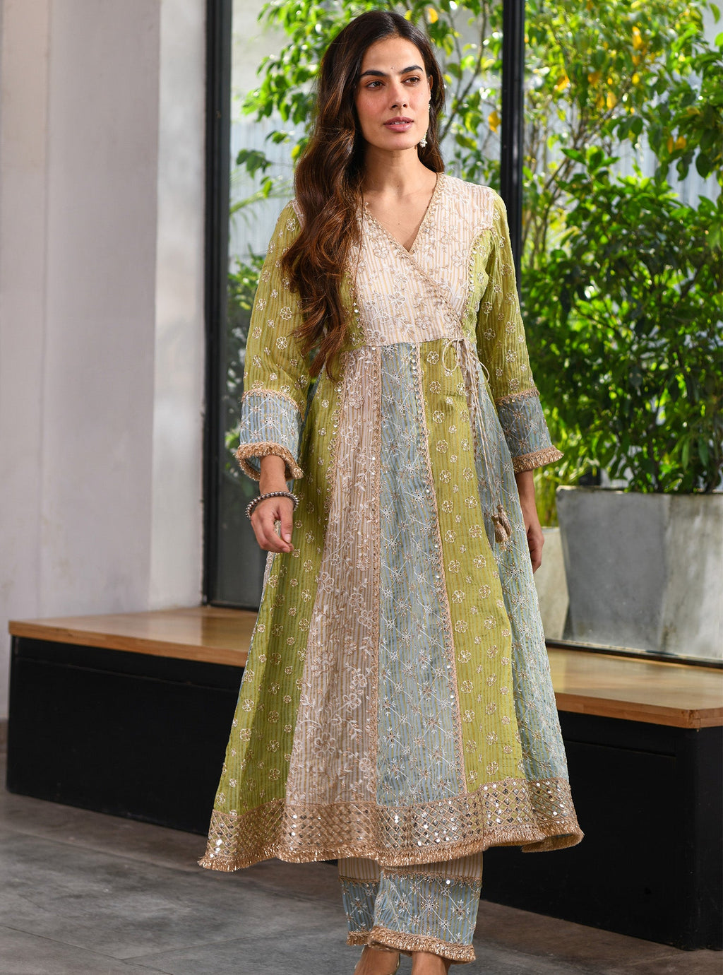 Mulmul Banarsi Sailsbury Green Anarkali  Kurta