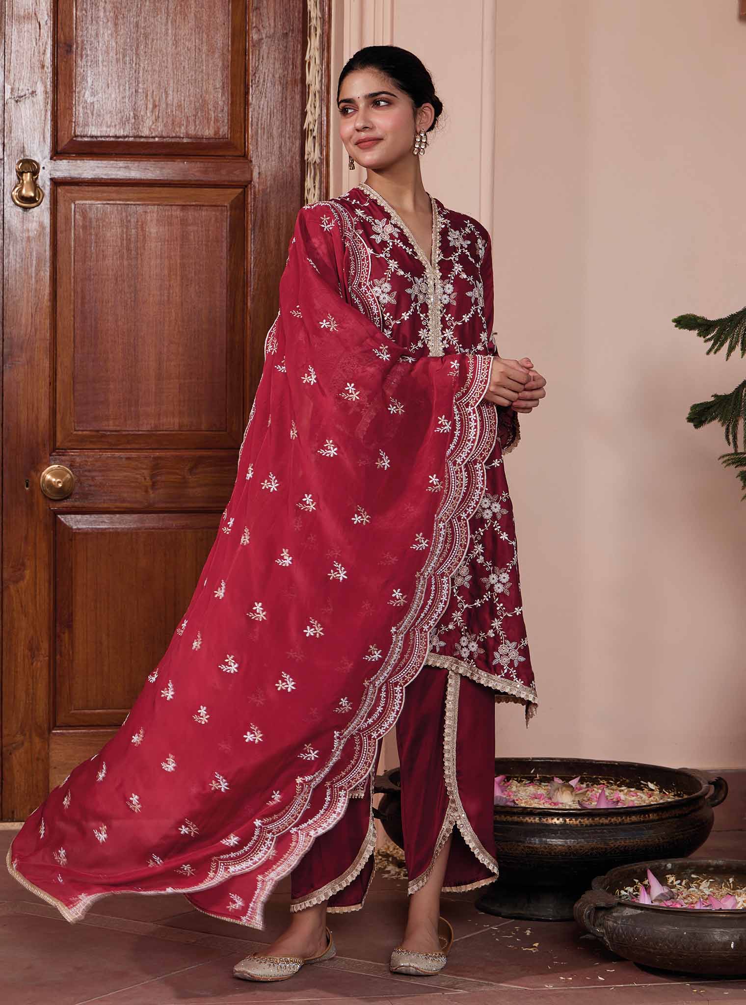 Mulmul Cupro Dvija Wine Kurta with Mulmul Cupro Dvija Wine Pant