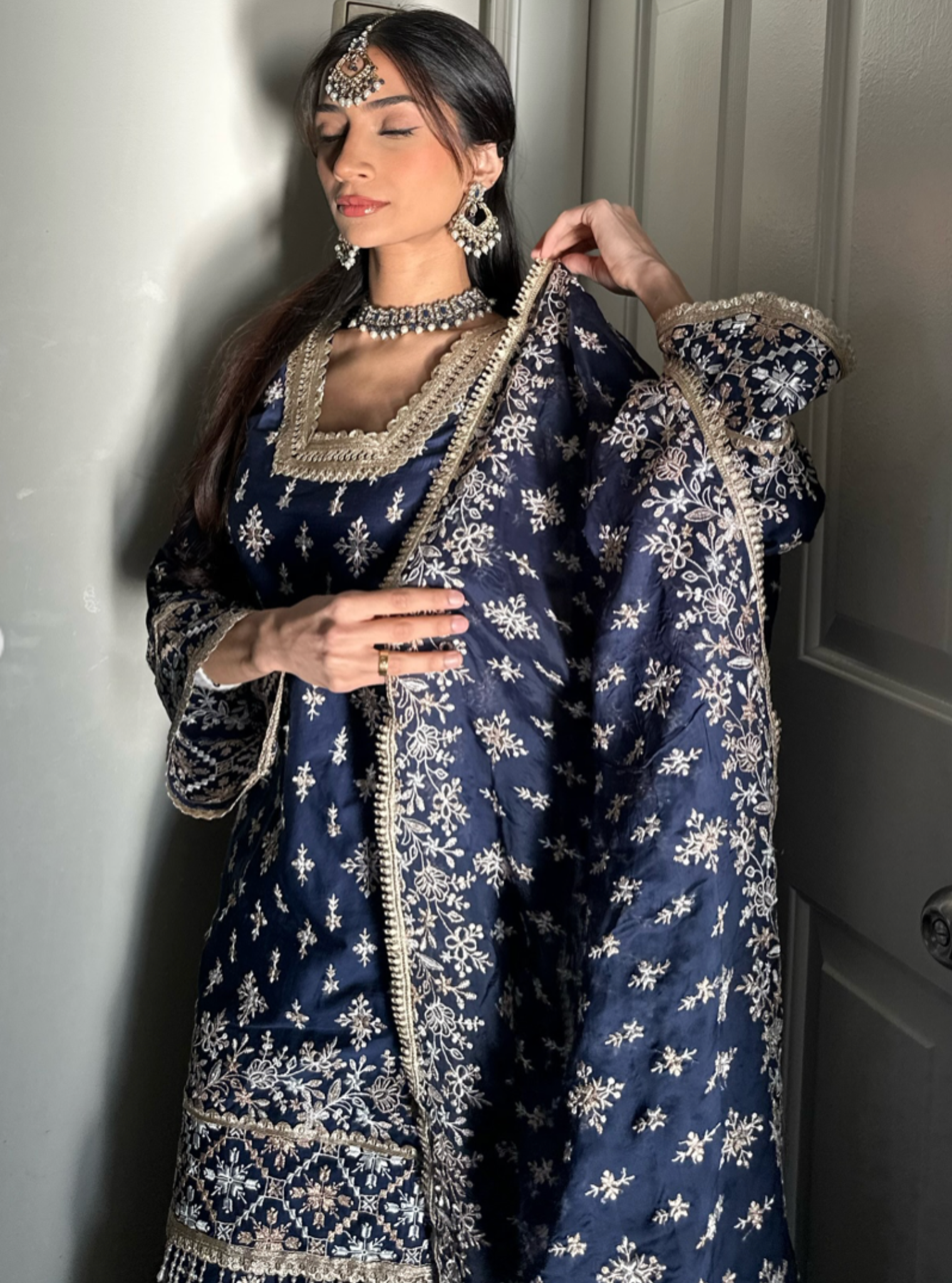 Kalander Pima Satin Navy Kurta Set