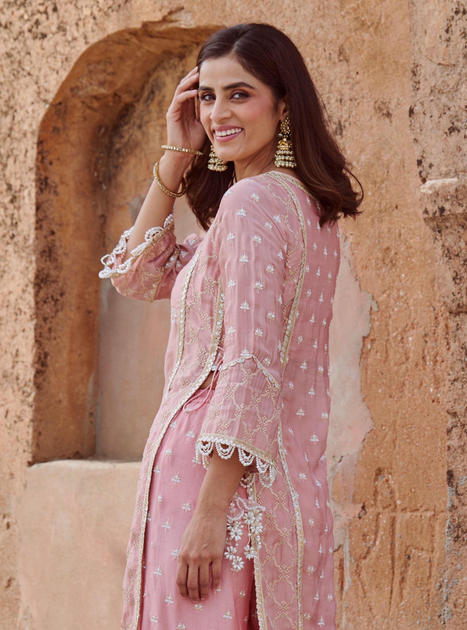 Kundmayi Organza Satin Light Pink Kurta with Palazzo Set
