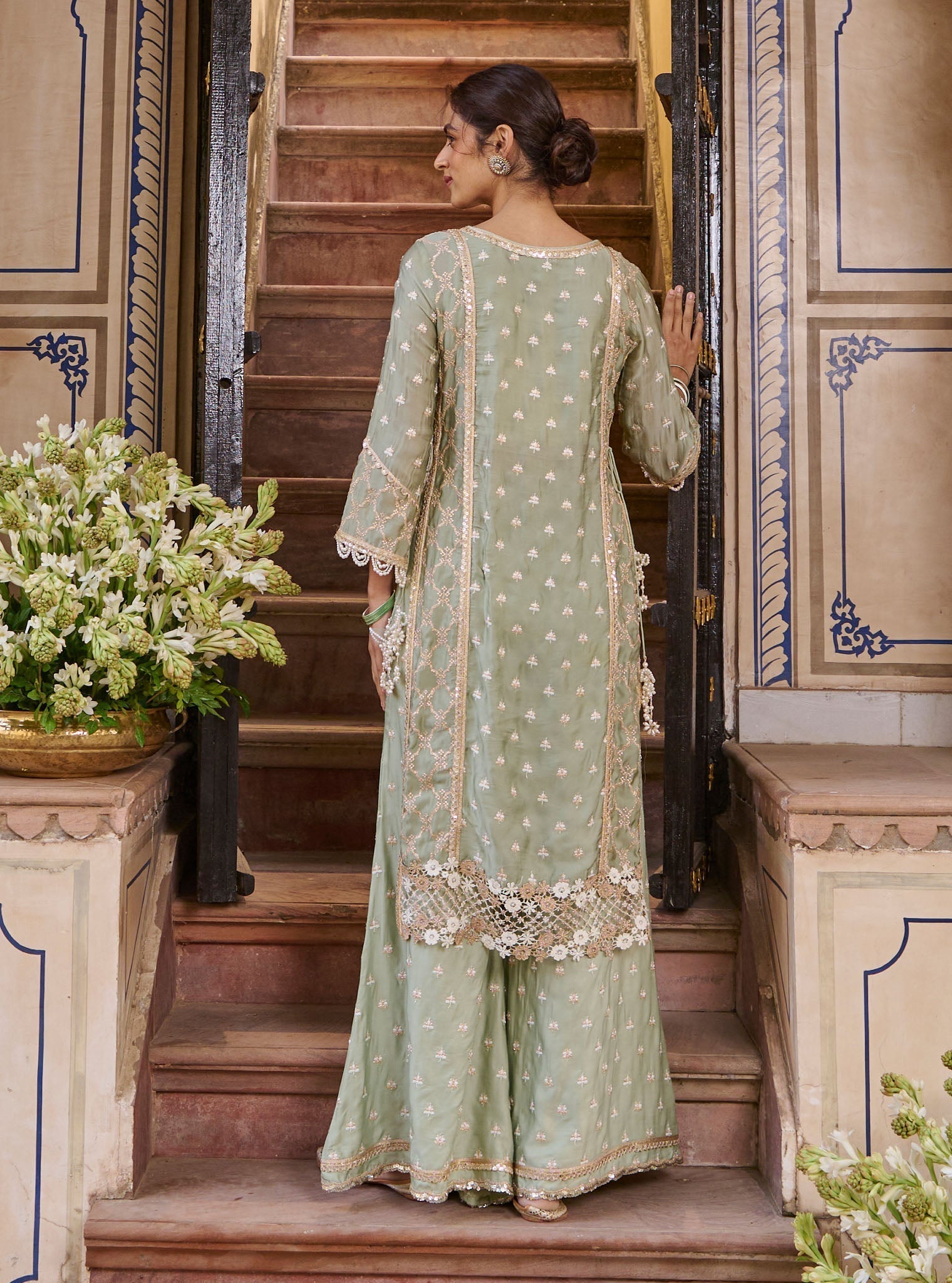 Kundmayi Organza Satin Sage Green Kurta with Palazzo Set