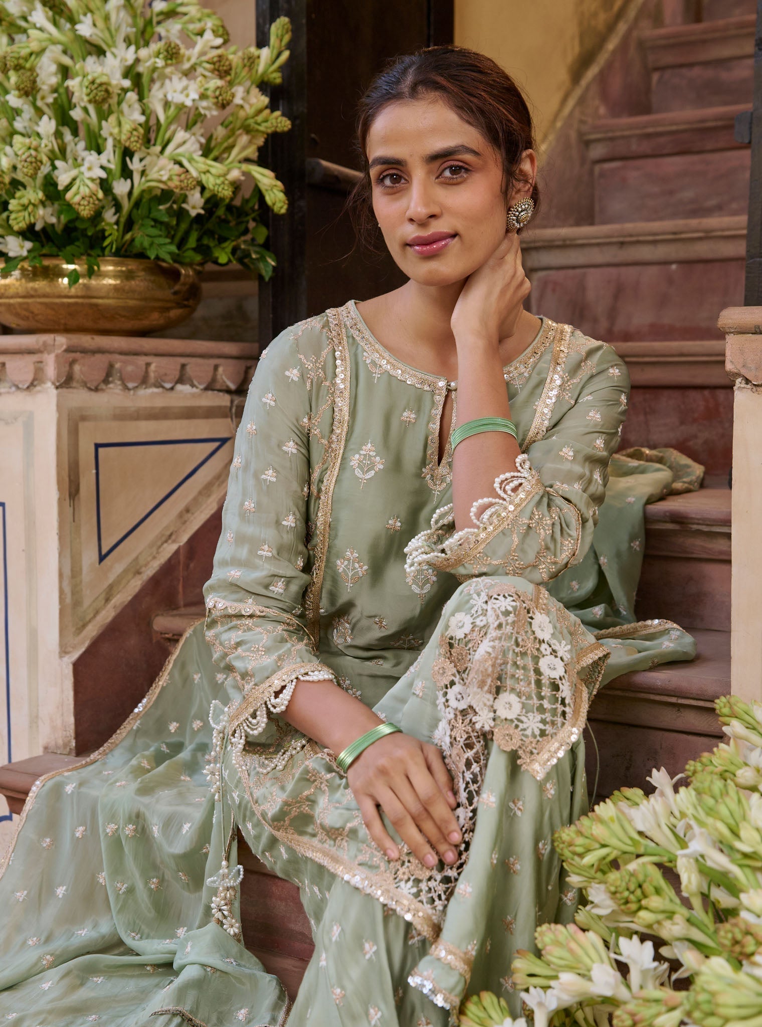 Kundmayi Organza Satin Sage Green Kurta with Palazzo Set