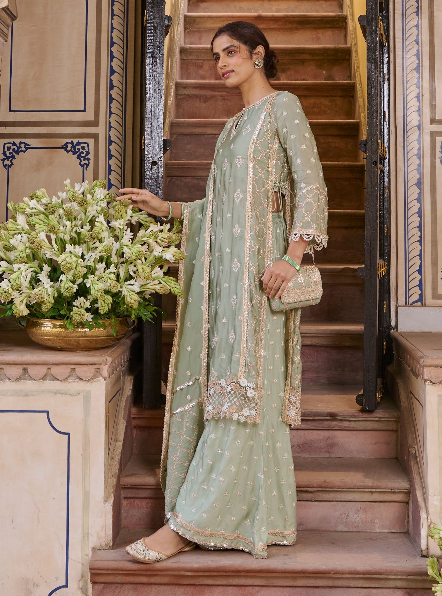 Kundmayi Organza Satin Sage Green Kurta with Palazzo Set