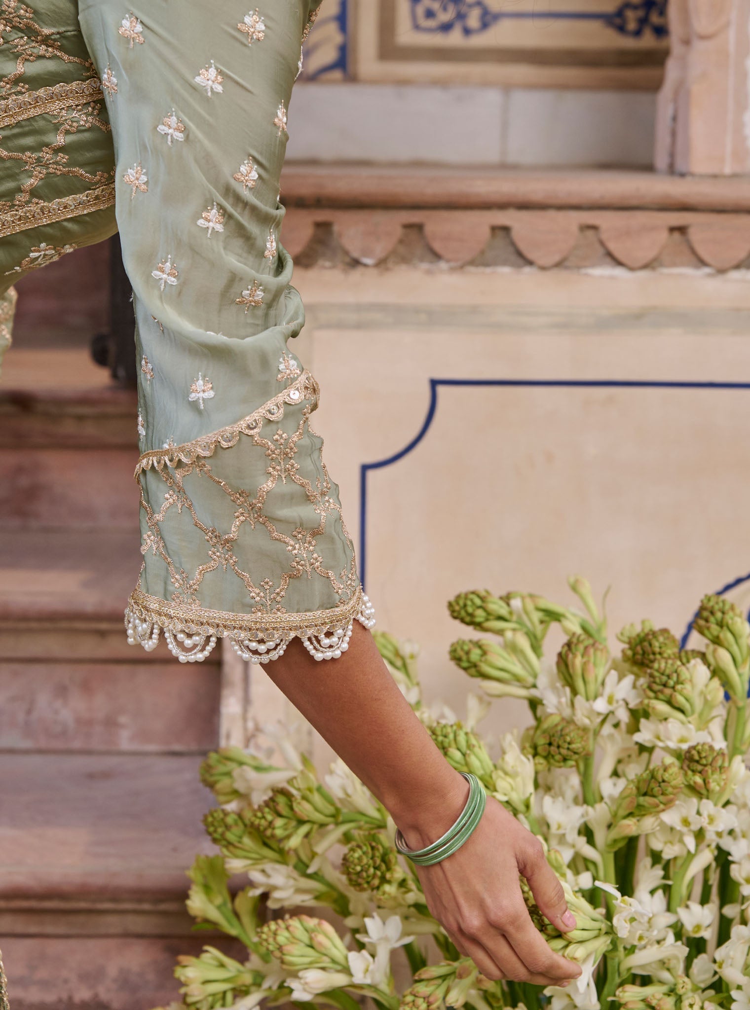 Kundmayi Organza Satin Sage Green Kurta with Palazzo Set