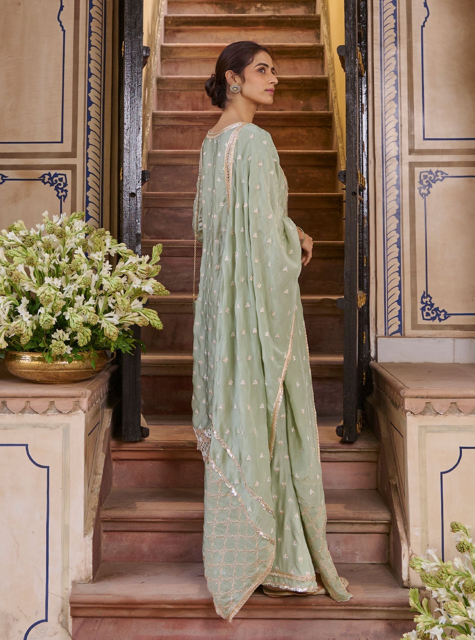 Kundmayi Organza Satin Sage Green Kurta with Palazzo Set