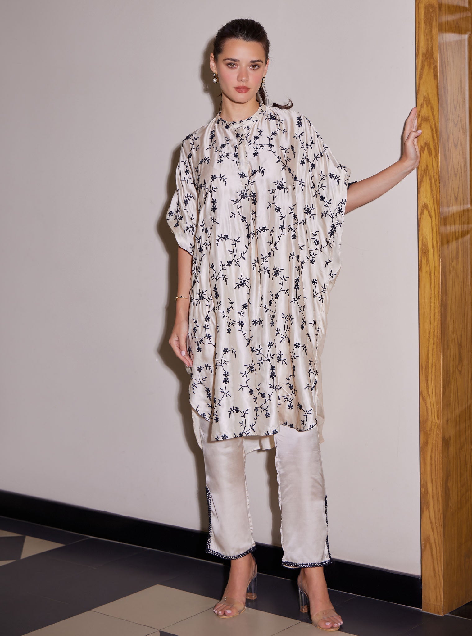 Mulmul Luxe Satin Pheme Off White Top with Mulmul Luxe Satin Pheme Off White Pant