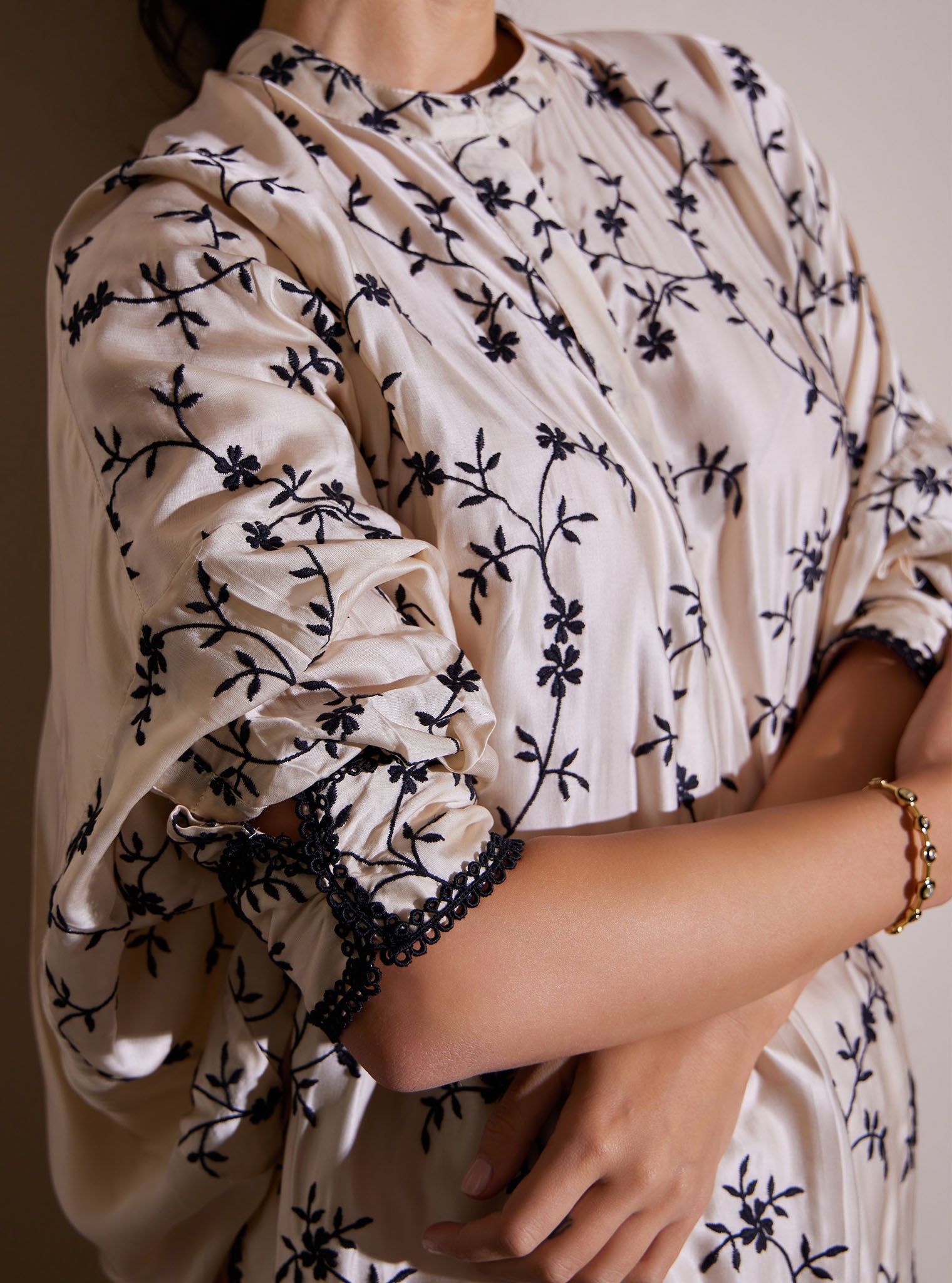 Mulmul Luxe Satin Pheme Off White Top with Mulmul Luxe Satin Pheme Off White Pant