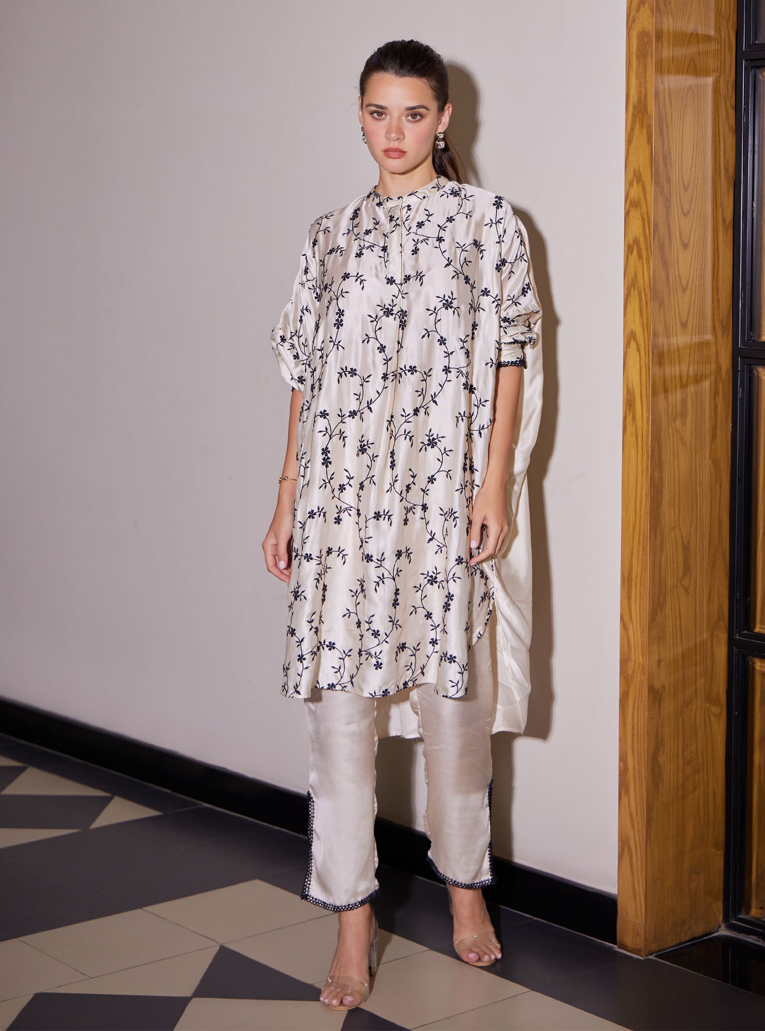 Mulmul Luxe Satin Pheme Off White Top with Mulmul Luxe Satin Pheme Off White Pant