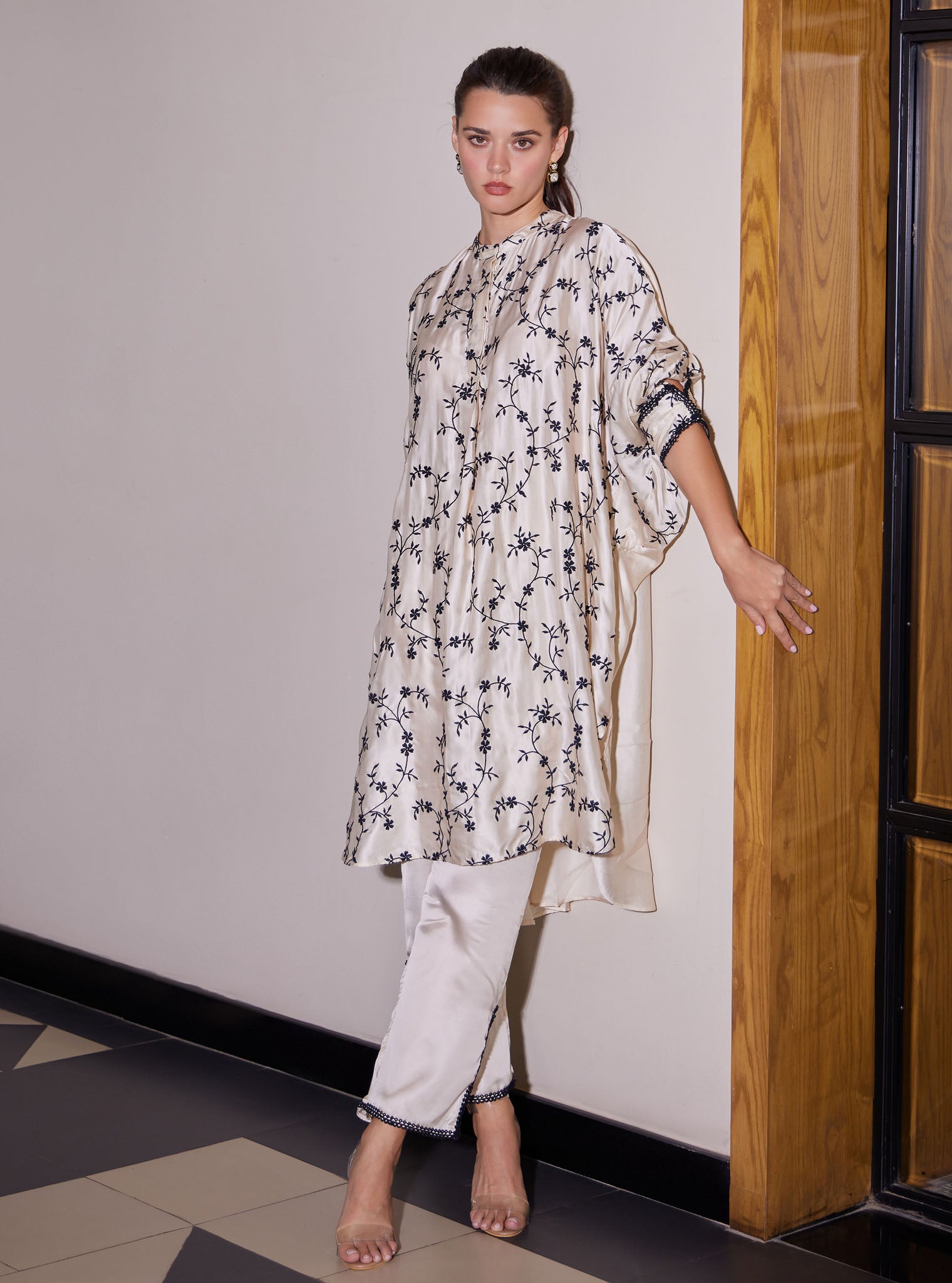 Mulmul Luxe Satin Pheme Off White Top with Mulmul Luxe Satin Pheme Off White Pant