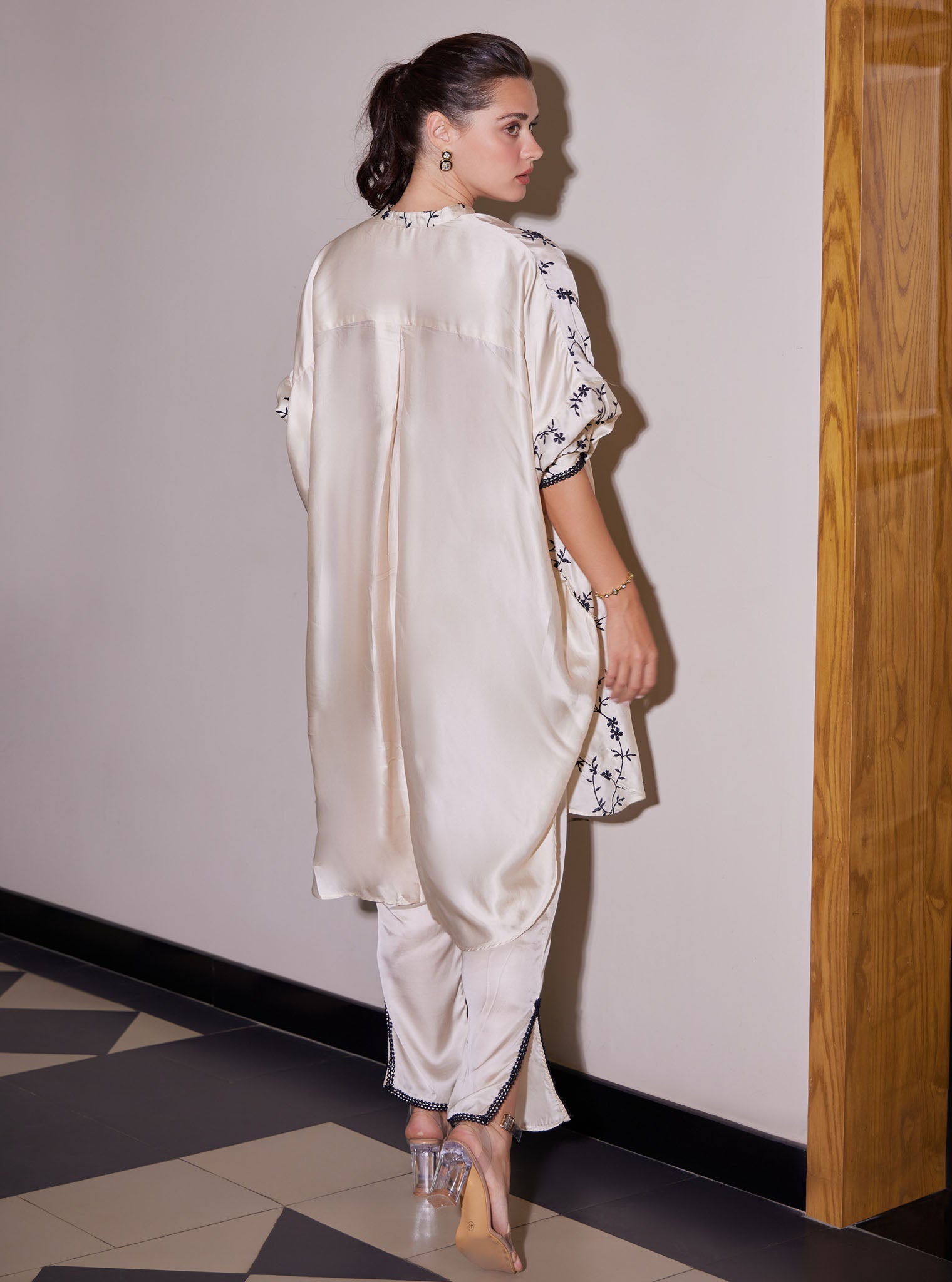 Mulmul Luxe Satin Pheme Off White Top with Mulmul Luxe Satin Pheme Off White Pant