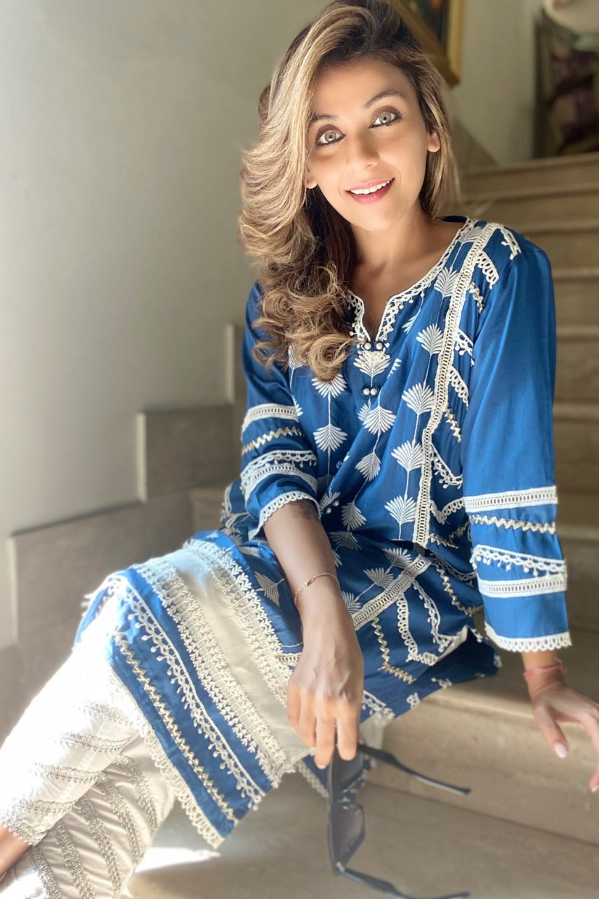 Mulmul Pima Satin Keiko Kurta Navy