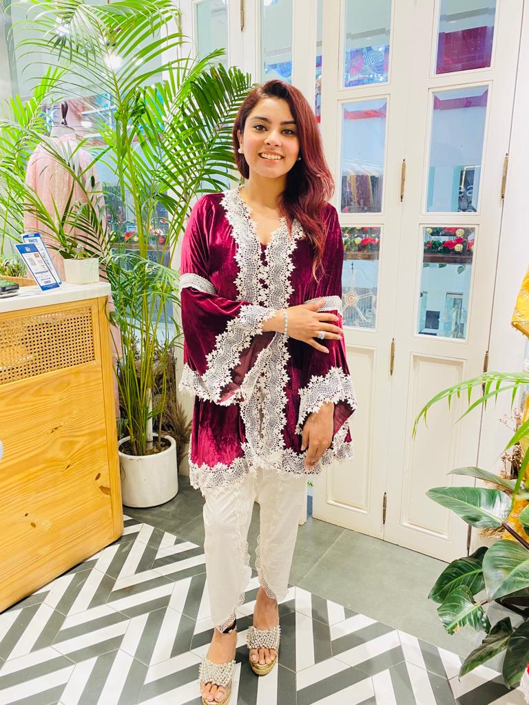 Makhmal Pine Wine Kurta With Supima Cotton Scallop Dhoti