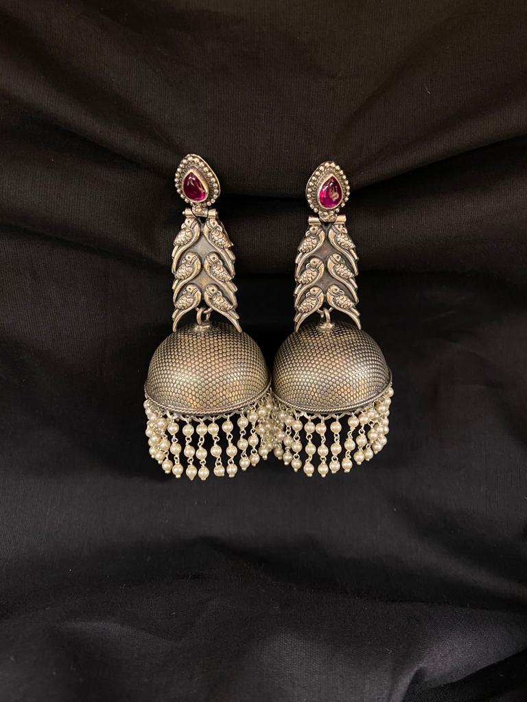Pure Silver Antique Three Parrot Jhumki With Pearls