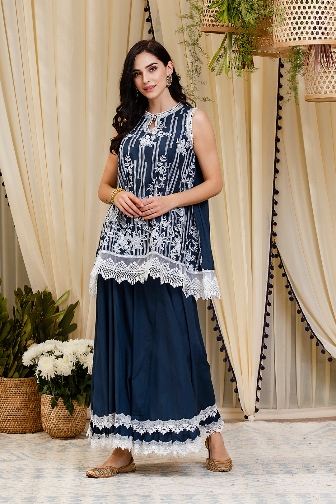 Mulmul Blossom Navy Kurta
