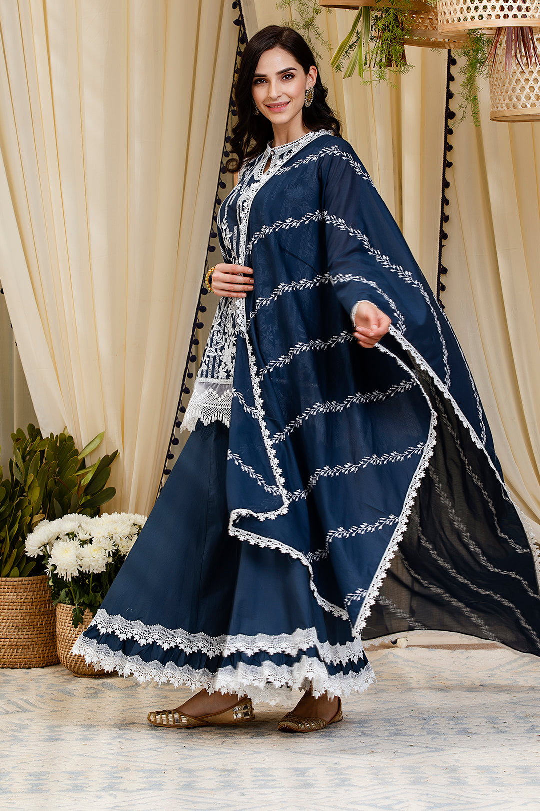 Mulmul Blossom Navy Kurta