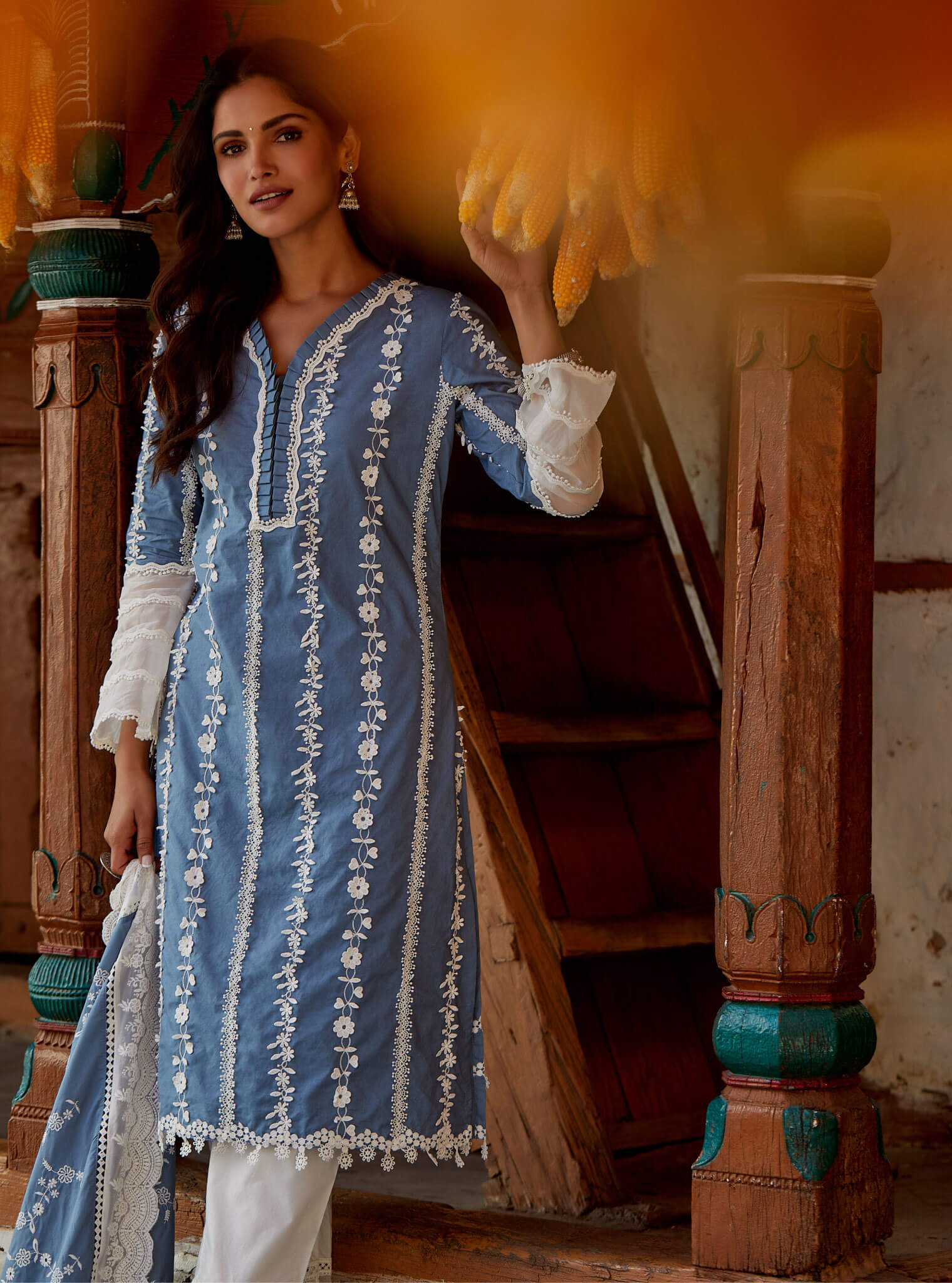 Mulmul Supima Cotton Sainj Blue Kurta