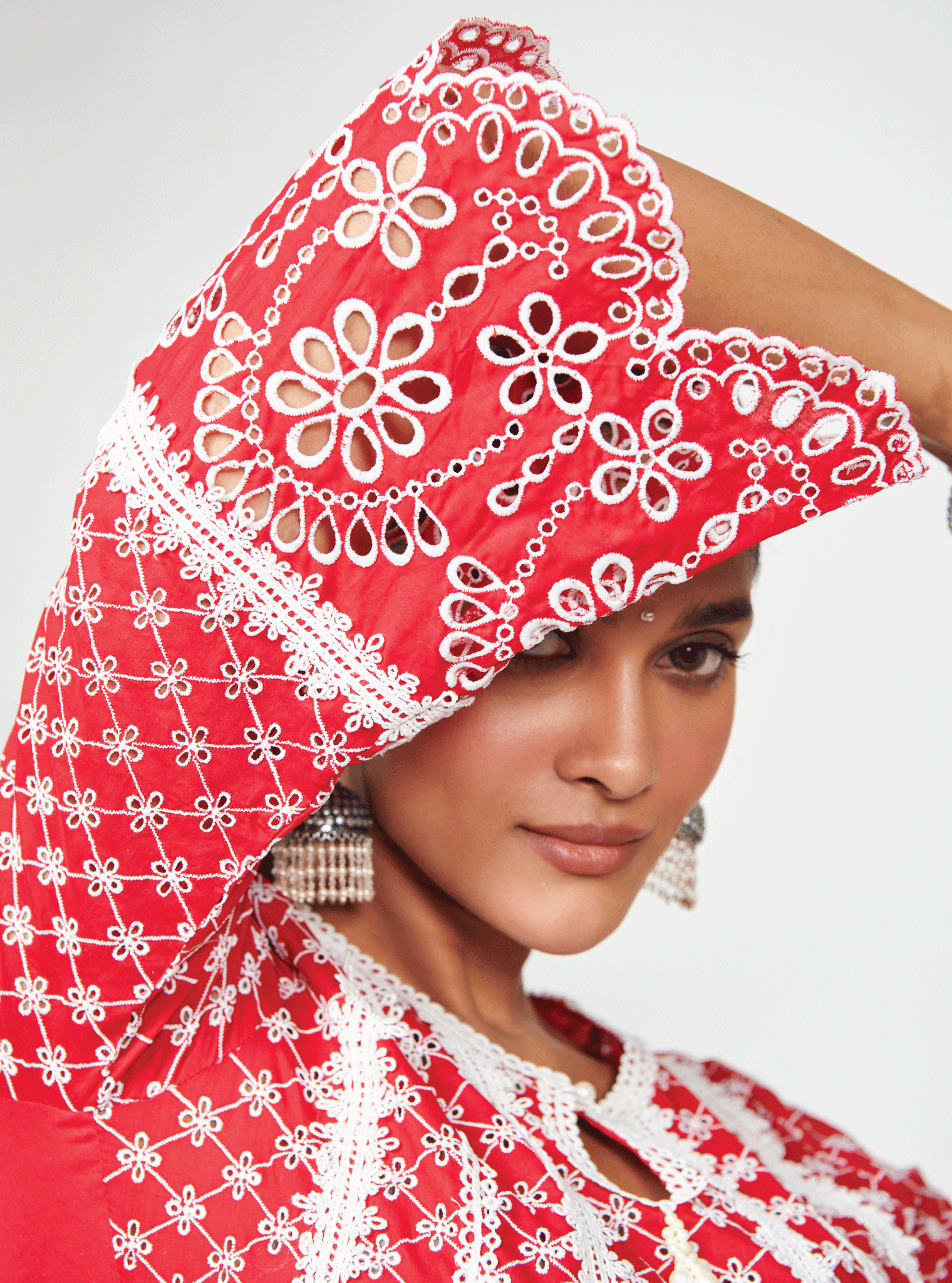 Mulmul Cotton Arris Red Anarkali Kurta With Diagonal Lace White Pant