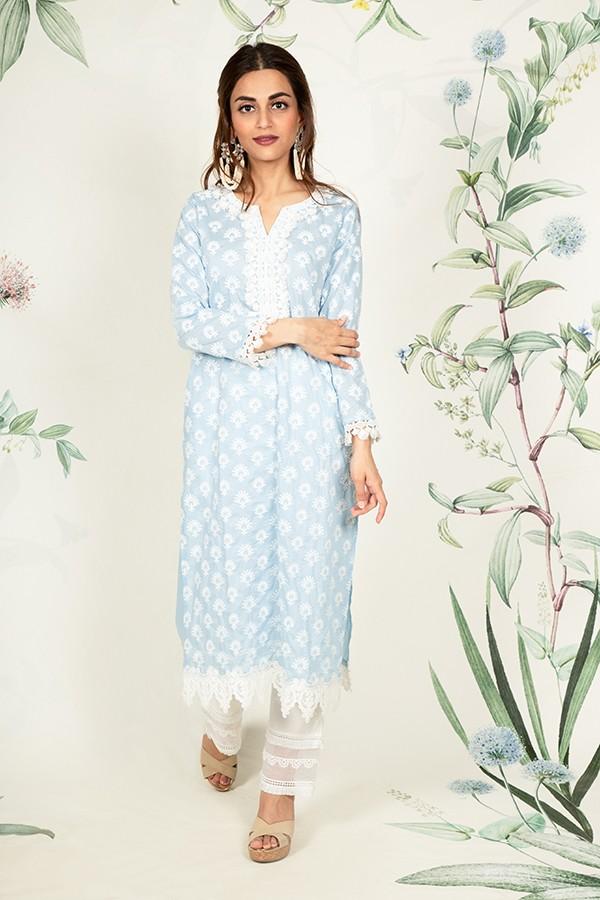 Holly Kurta Light Blue and Multi Lace pyajamas