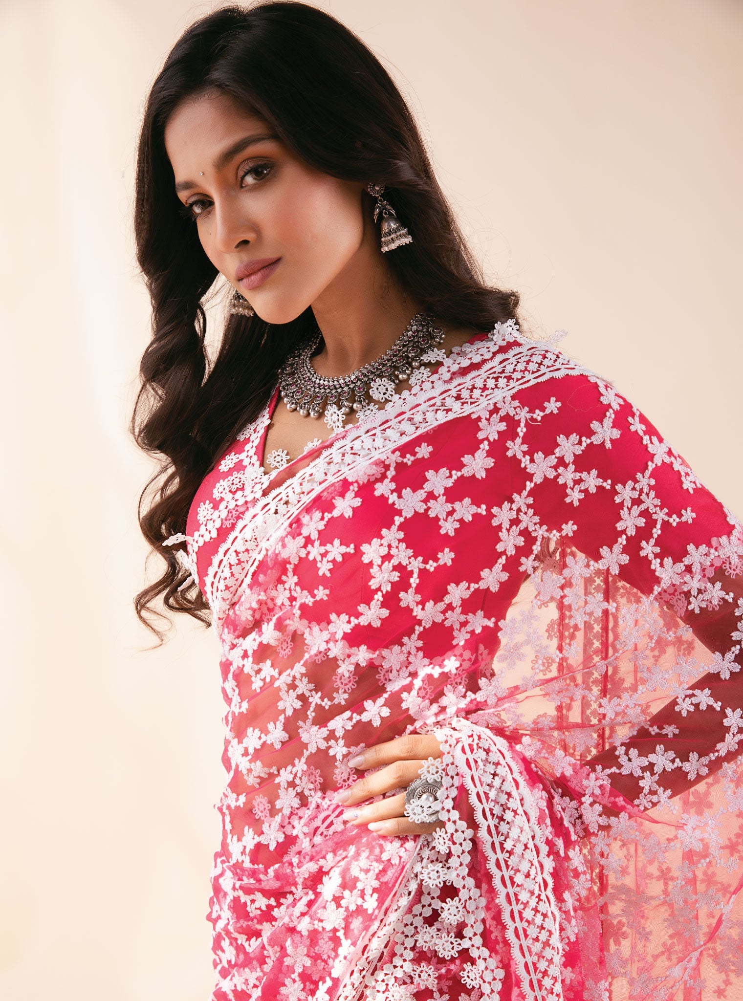 Mulmul Net Peora Red Saree