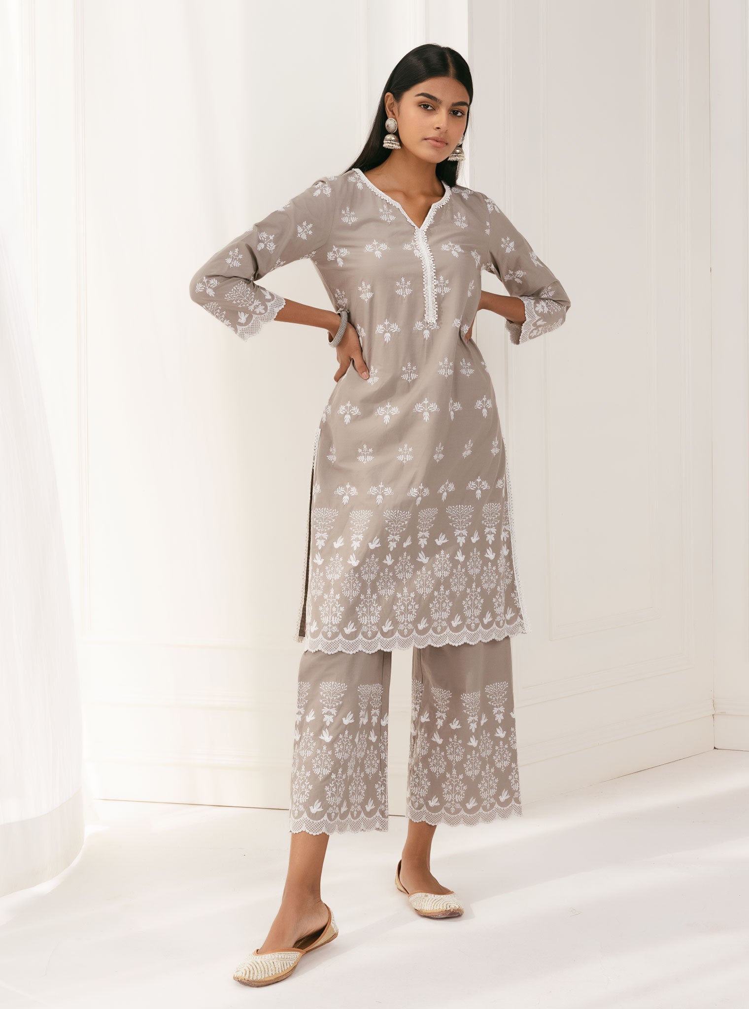 Mulmul Supima Cotton Prini Grey Kurta