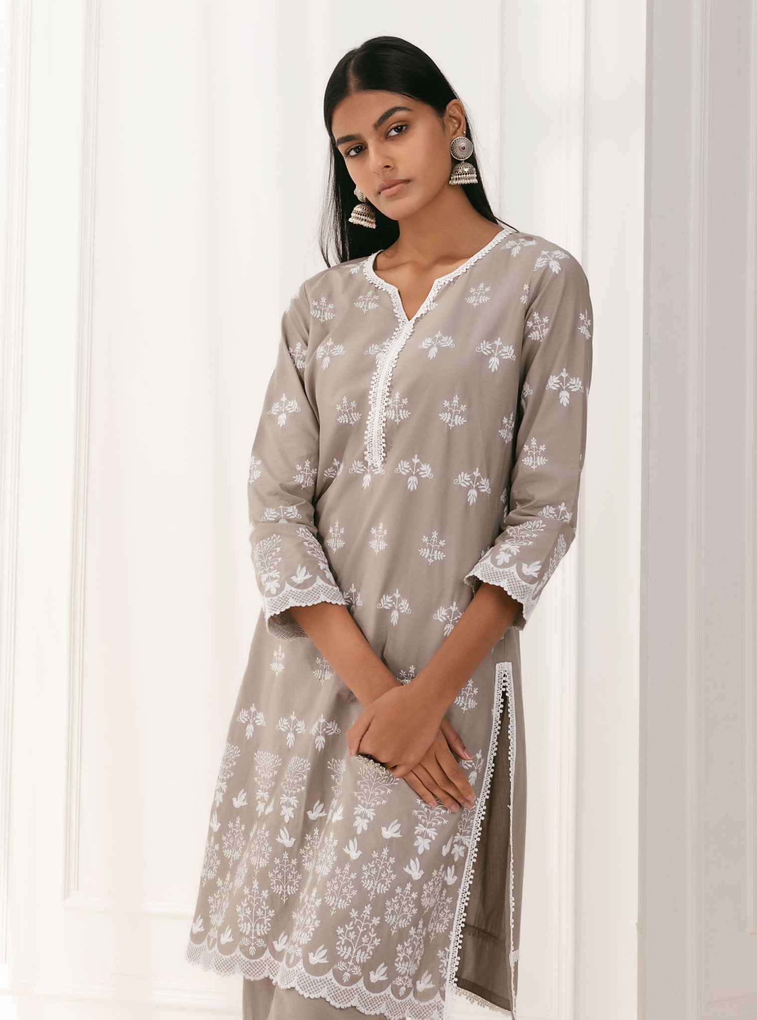 Mulmul Supima Cotton Prini Grey Kurta
