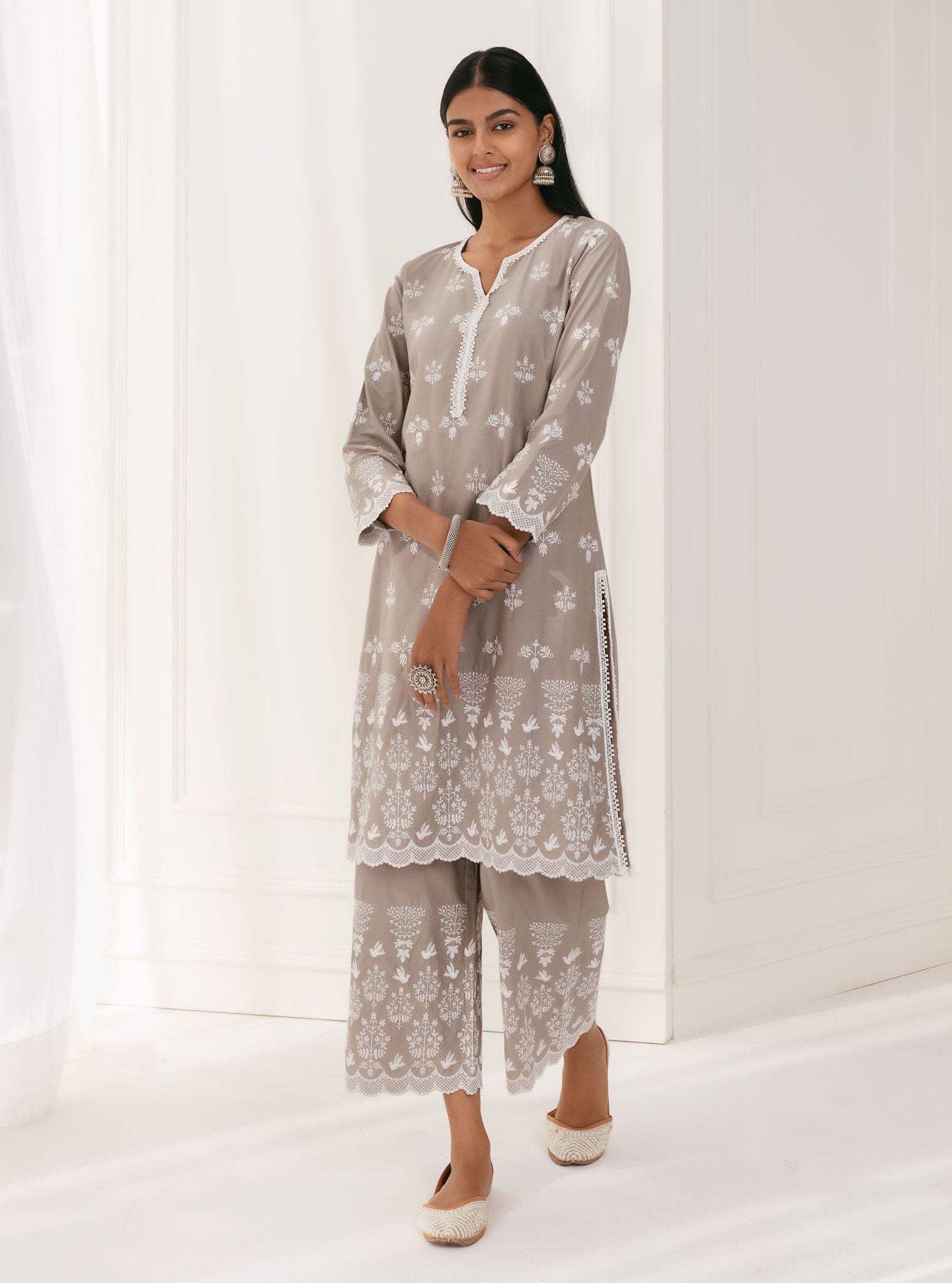 Mulmul Supima Cotton Prini Grey Kurta
