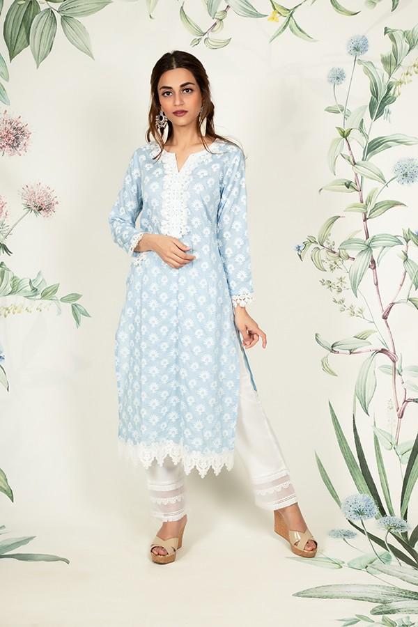 Holly Kurta Light Blue and Multi Lace Pyajama
