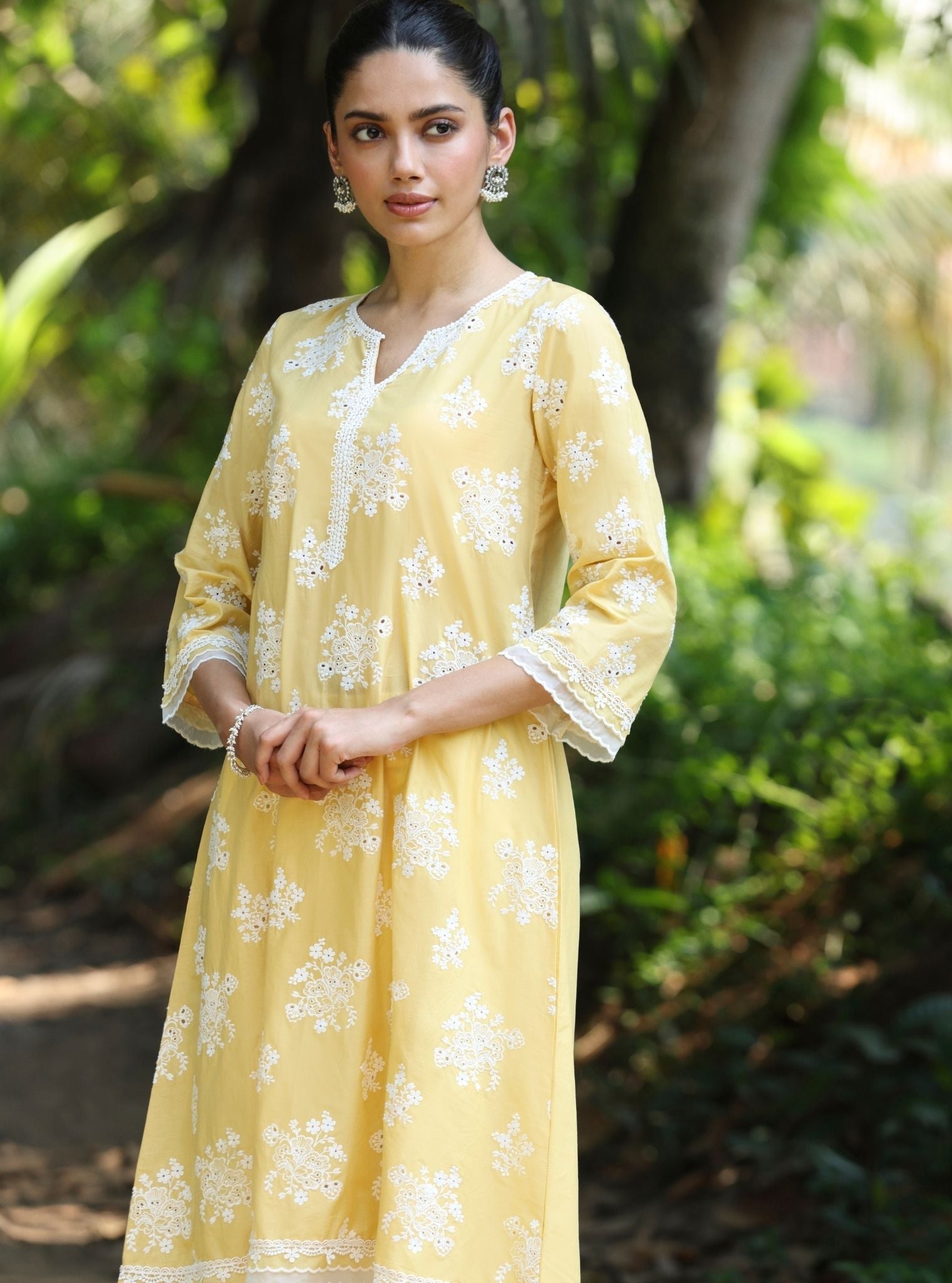 Mulmul Cotton Sira Yellow Kurta With Mulmul Cotton Yuna White Pant