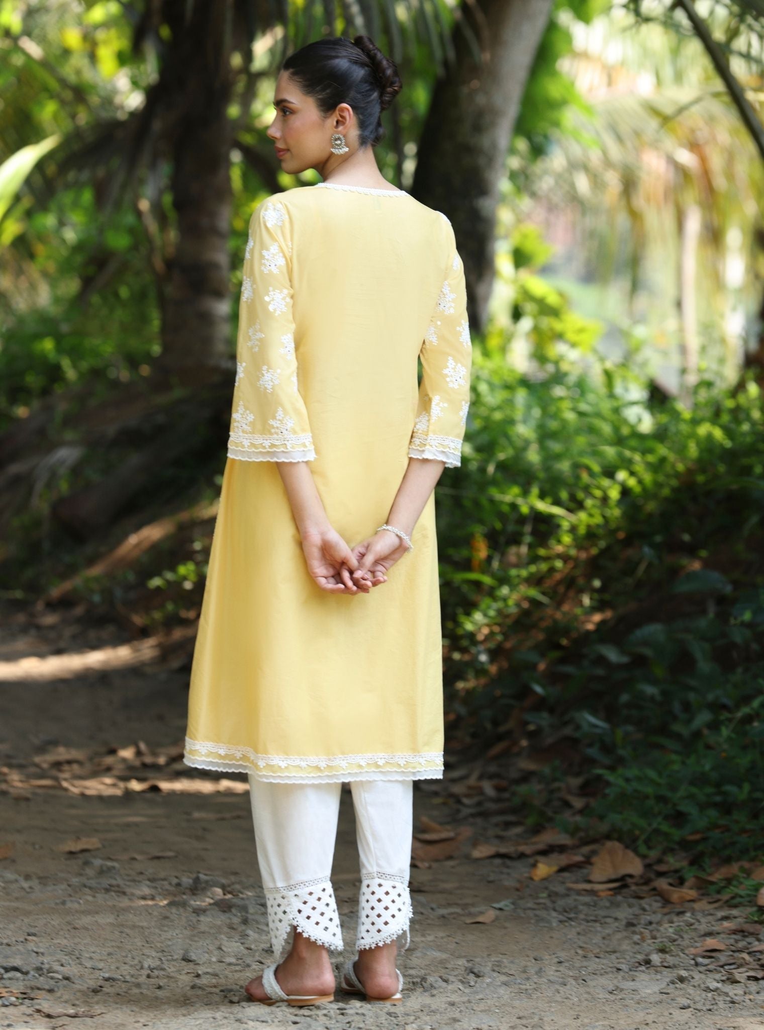Mulmul Cotton Sira Yellow Kurta With Mulmul Cotton Yuna White Pant