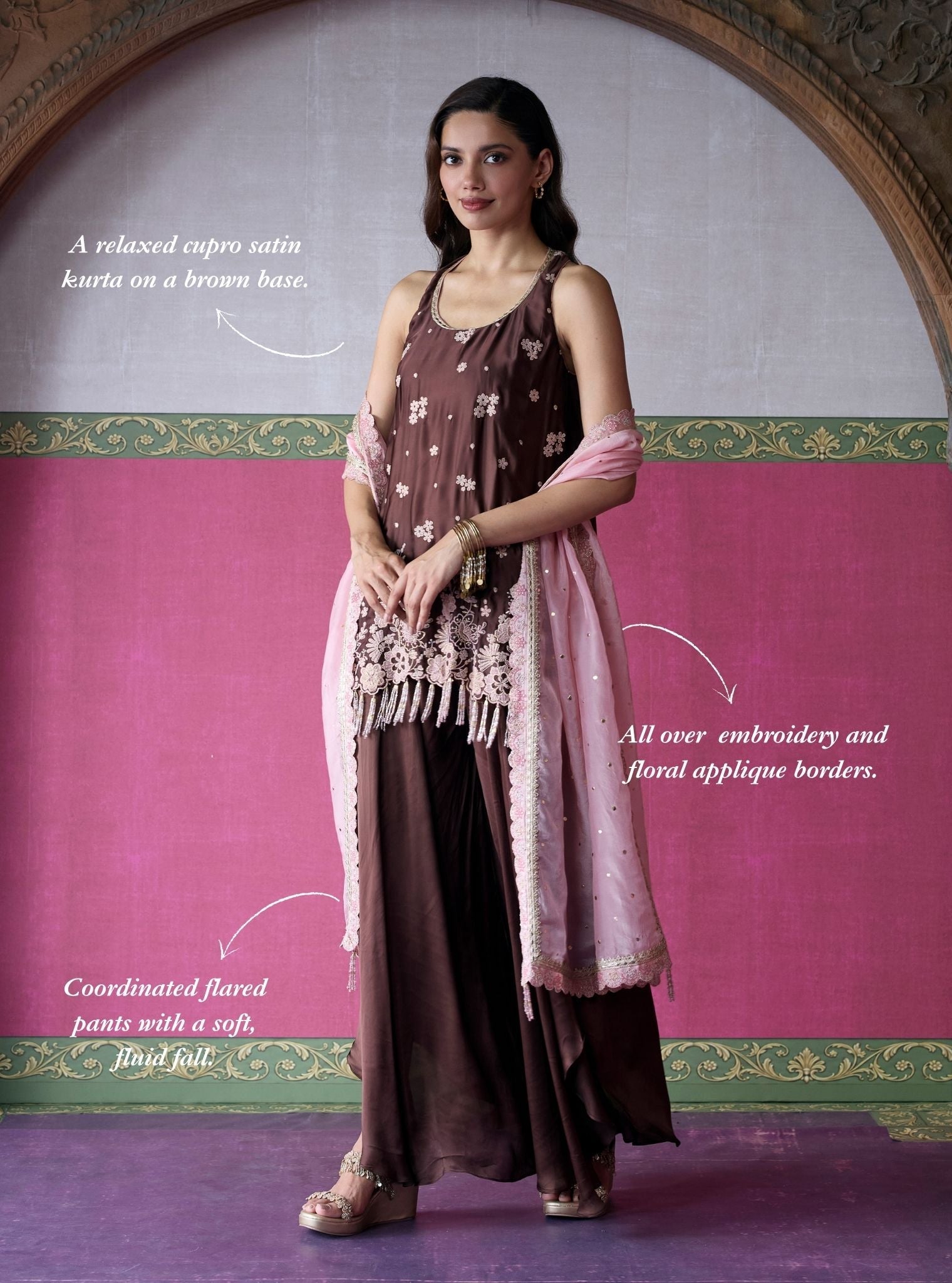 Nemi Cupro Satin Brown Short Kurta with Draped Pants