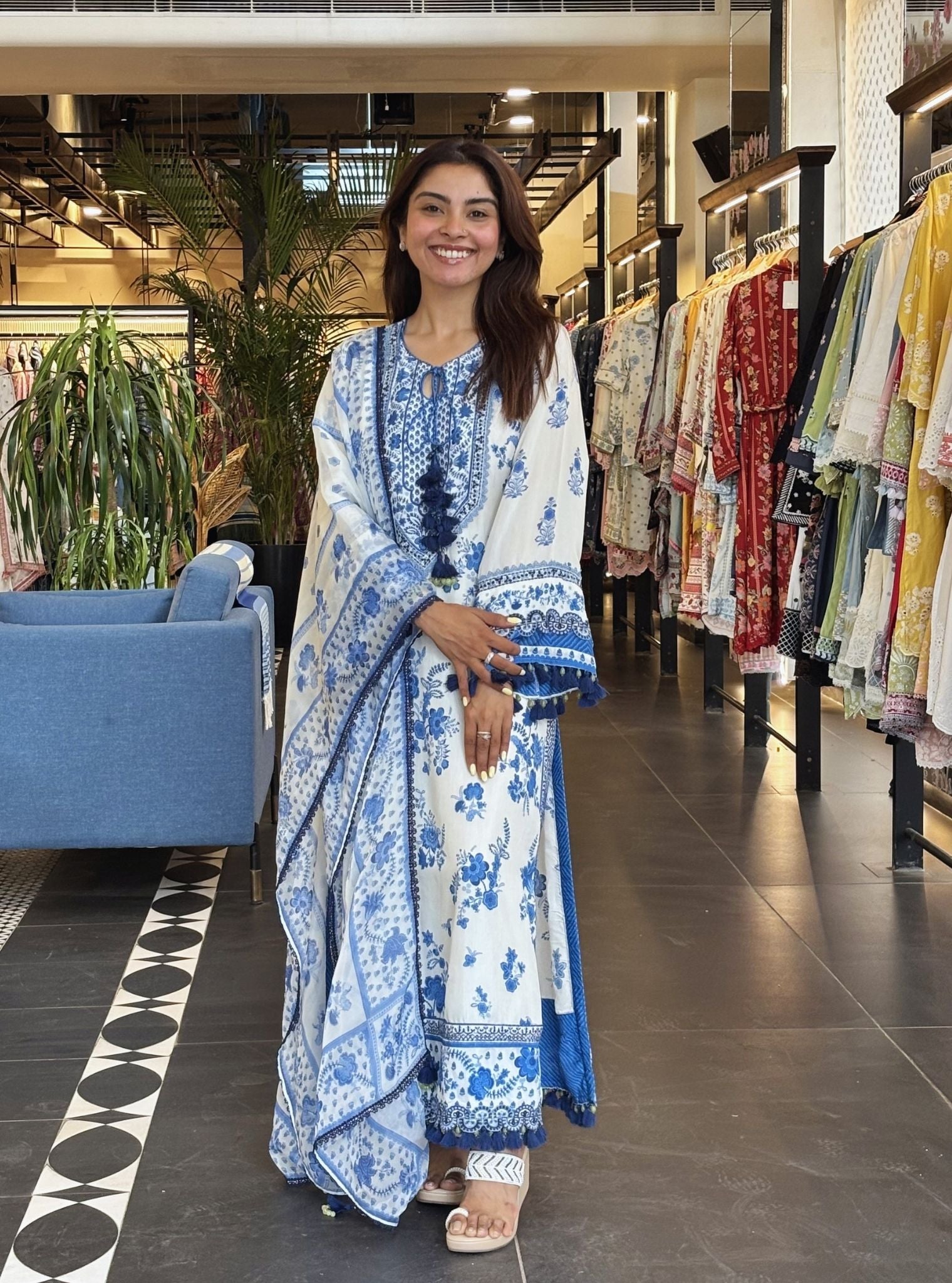 Suvi Lawn Printed Off-White & Blue Kurta Set