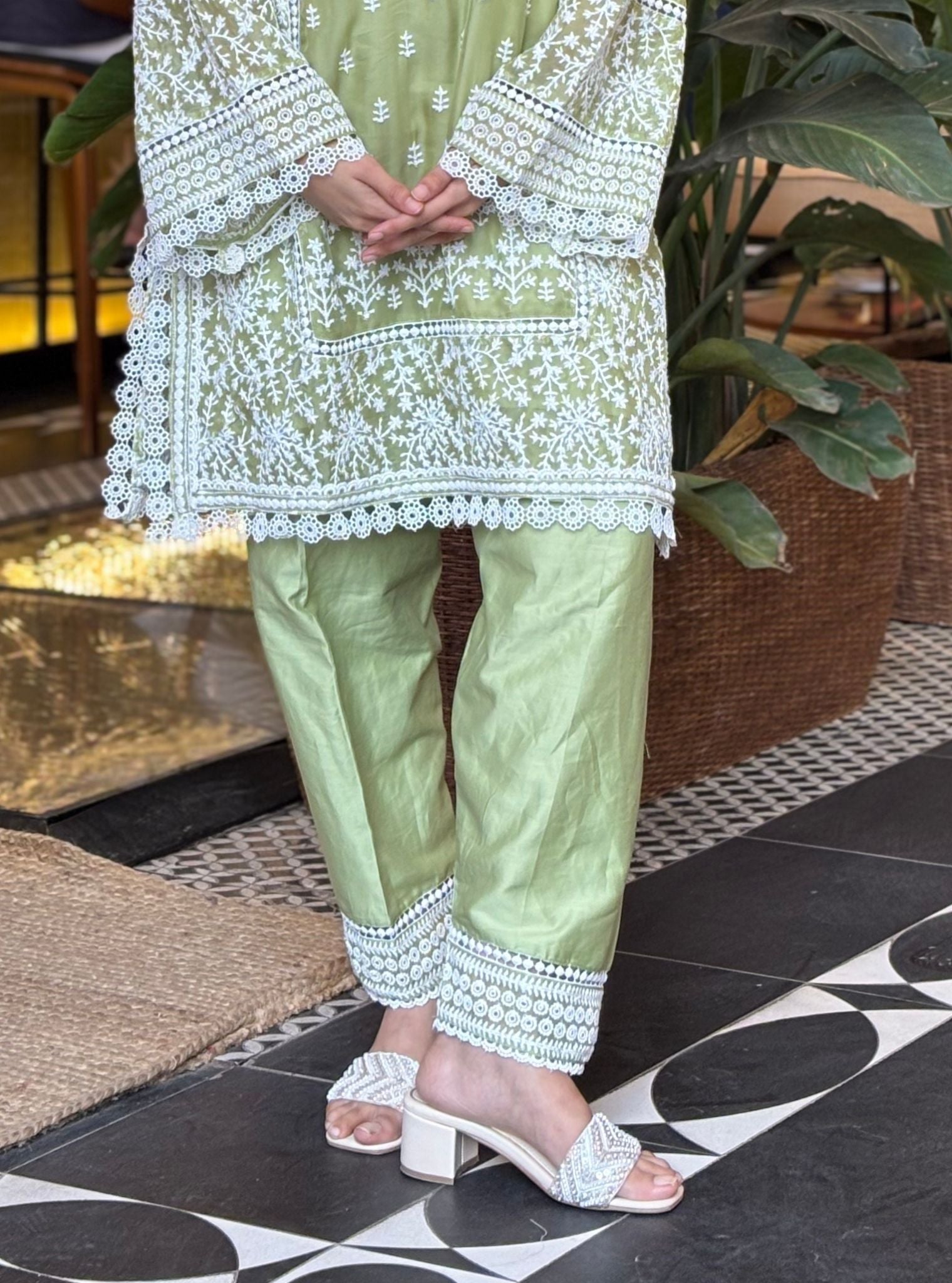 Meyo Organza Pista Green Kurta Set